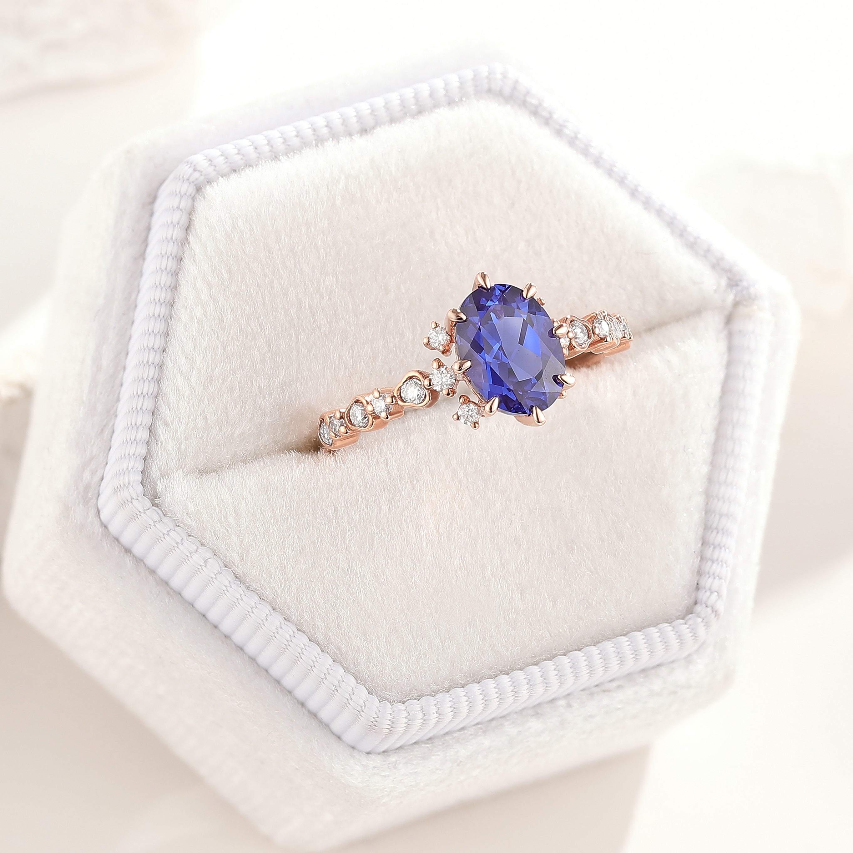 Classic Oval Cut Ring Royal Blue Sapphire Engagement Ring In a White Ring Box