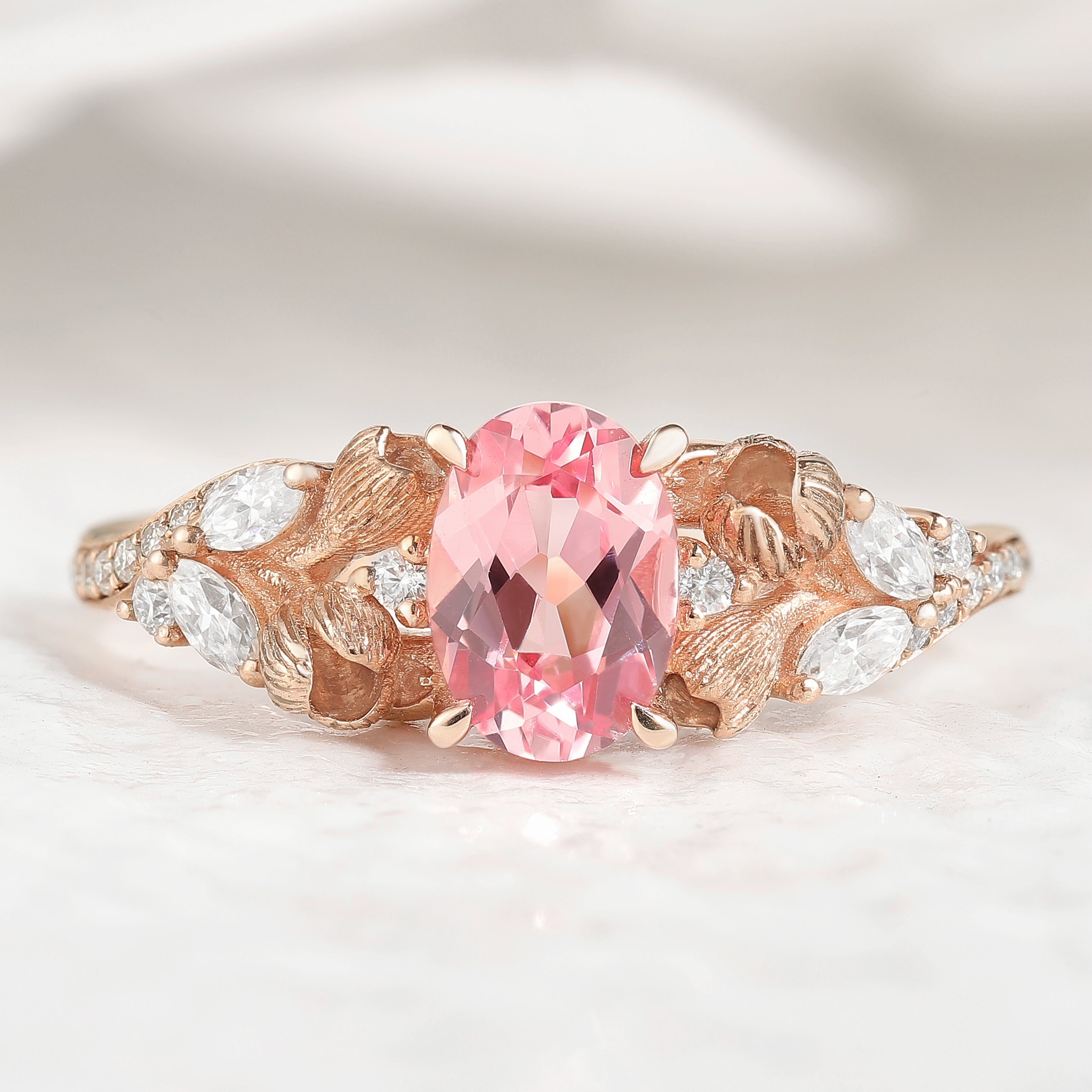 Nature Inspired Oval Cut Ring Pink Sapphire Floral Engagement Rings