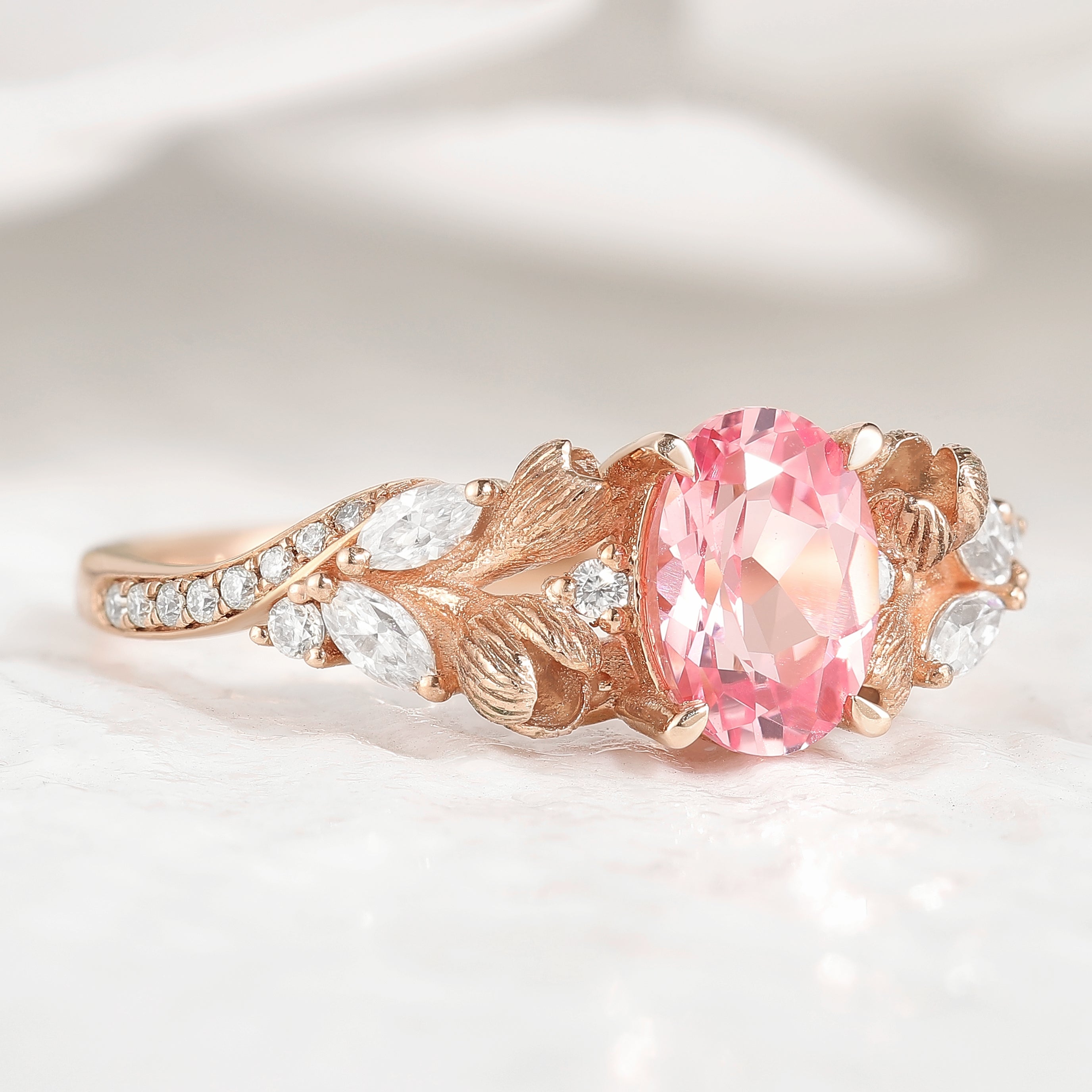 Nature Inspired Oval Cut Ring Pink Sapphire Floral Engagement Rings In Rose Gold