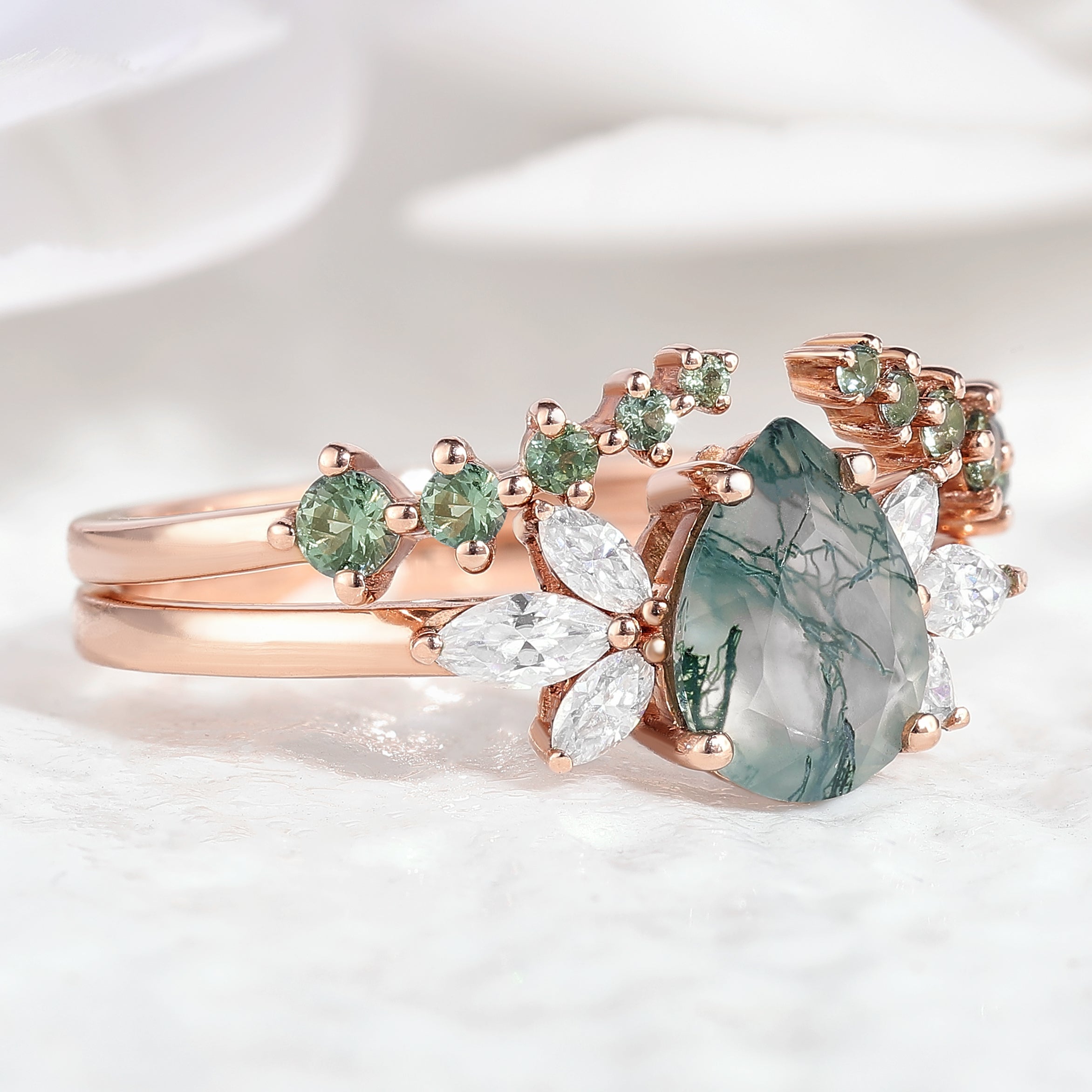 Moss Agate Engagement Ring Set Green Sapphire Open Wedding Band 2pcs