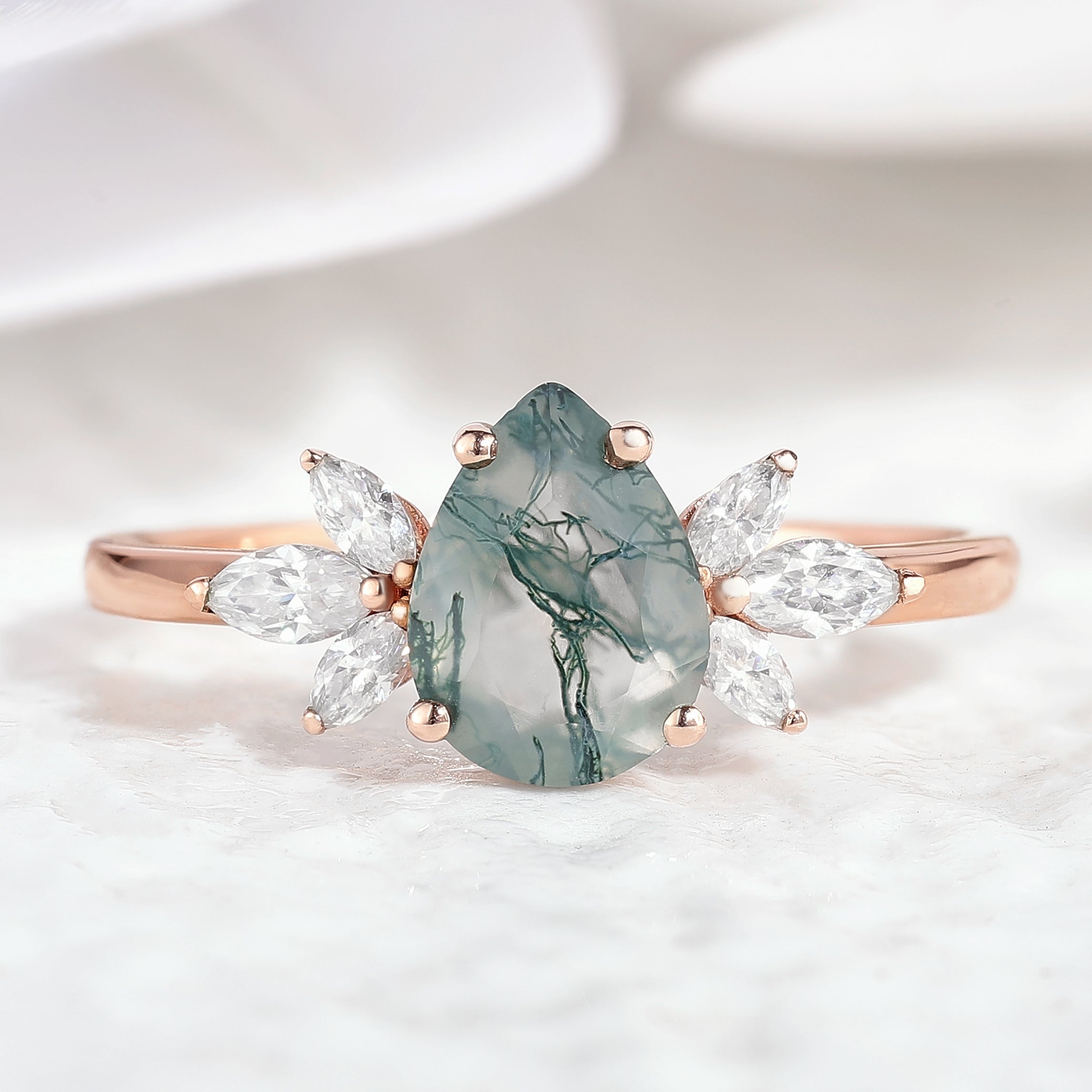 Unique Pear Cut Moss Agate Engagement Ring For Women