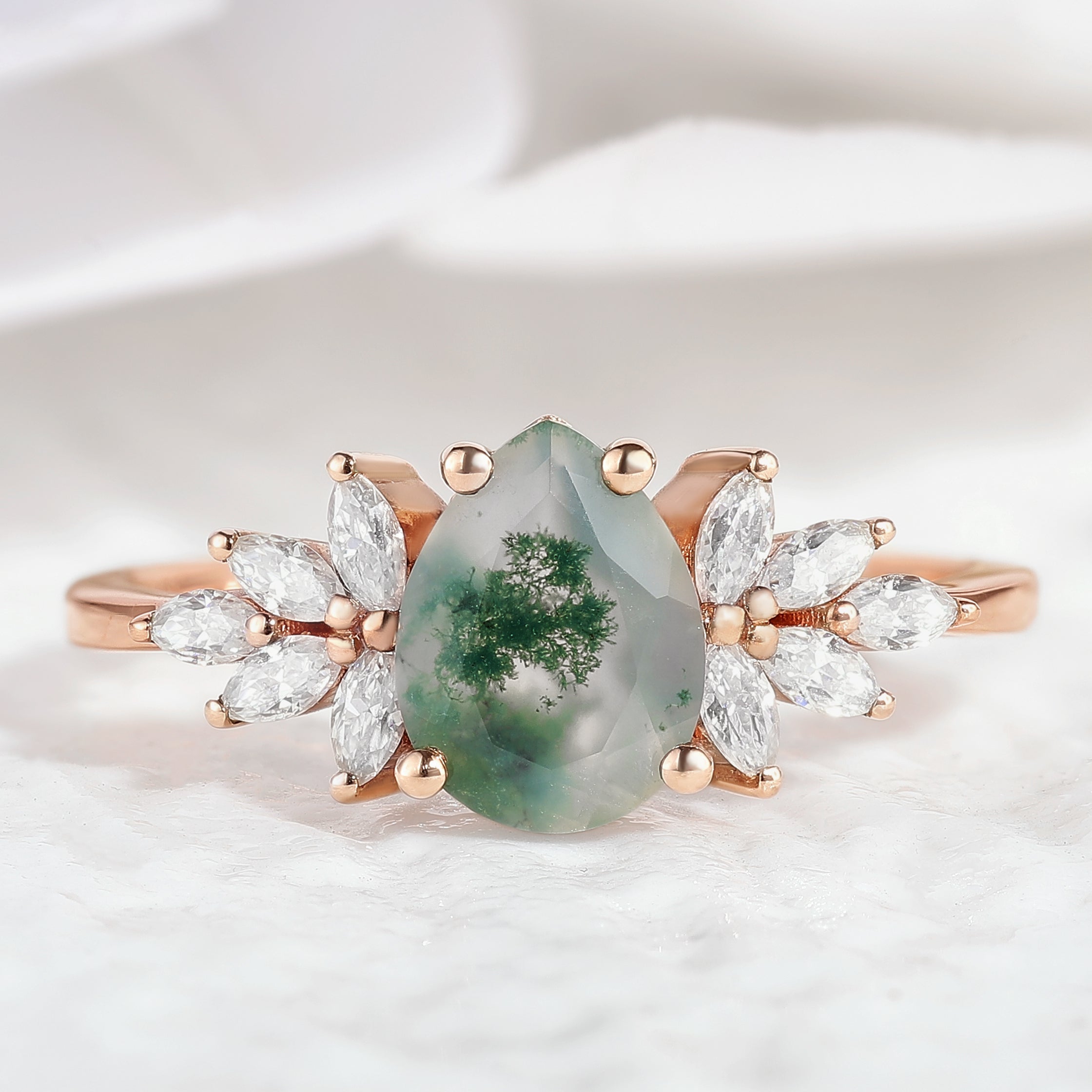 Unique Moss Agate Engagement Ring Marquise Moissanite Cluster Wedding Ring