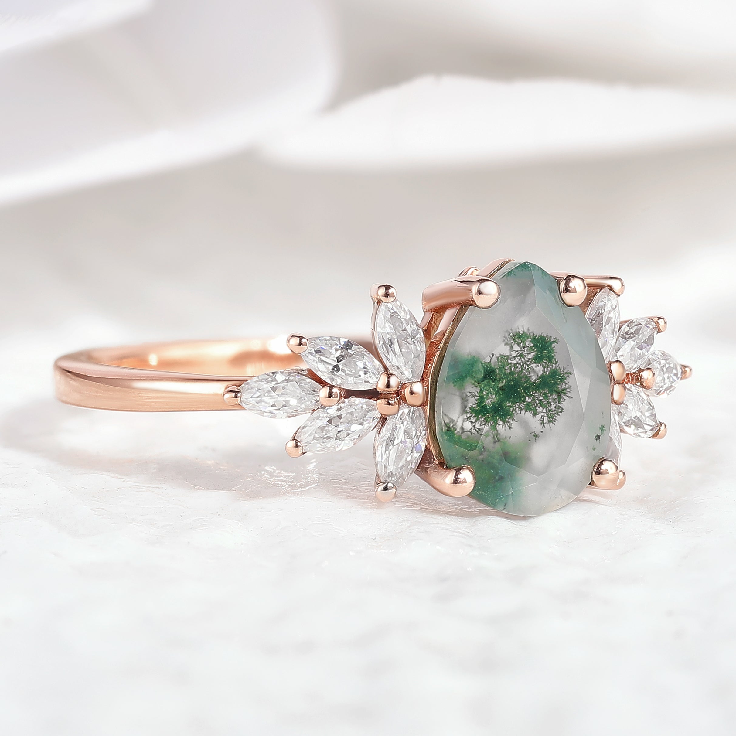 Unique Moss Agate Engagement Ring Marquise Moissanite Cluster