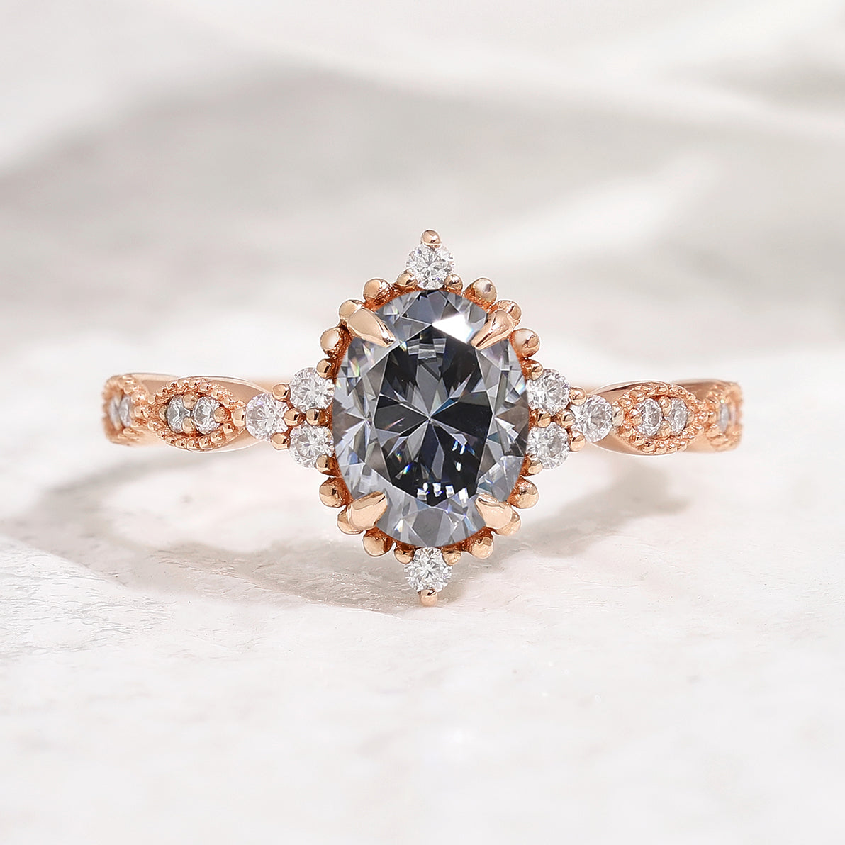 Vintage Oval Cut Black Moissanite Engagement Ring Rose Gold