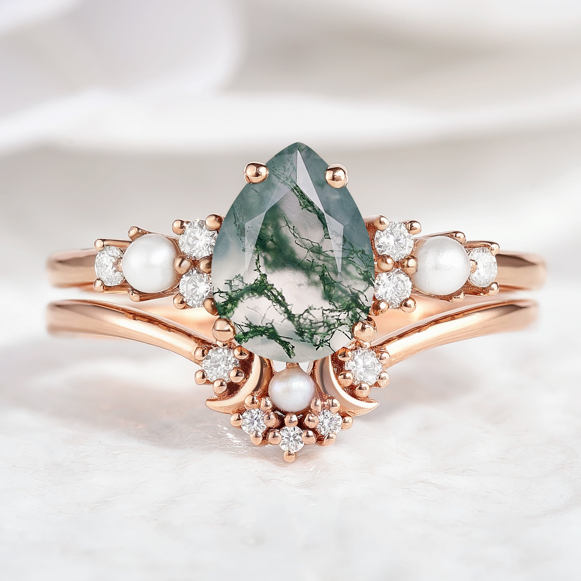 Pear Cut Moss Agate Pearl Engagement Ring Set Moon Wedding Band 2pcs