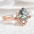 Rose Gold Pear Cut Moss Agate Ring Set with Pearl Accents