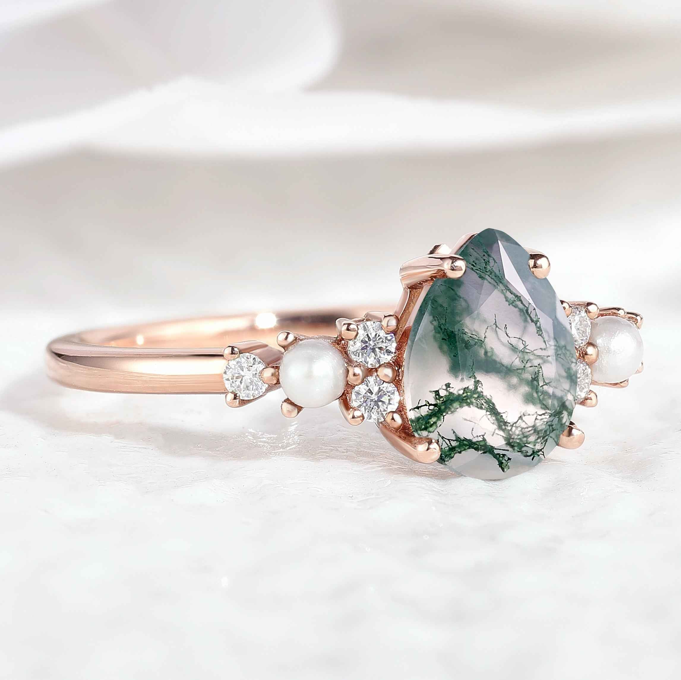 Unique Pear Cut Moss Agate Engagement Ring Moissanite And Pearl Cluster