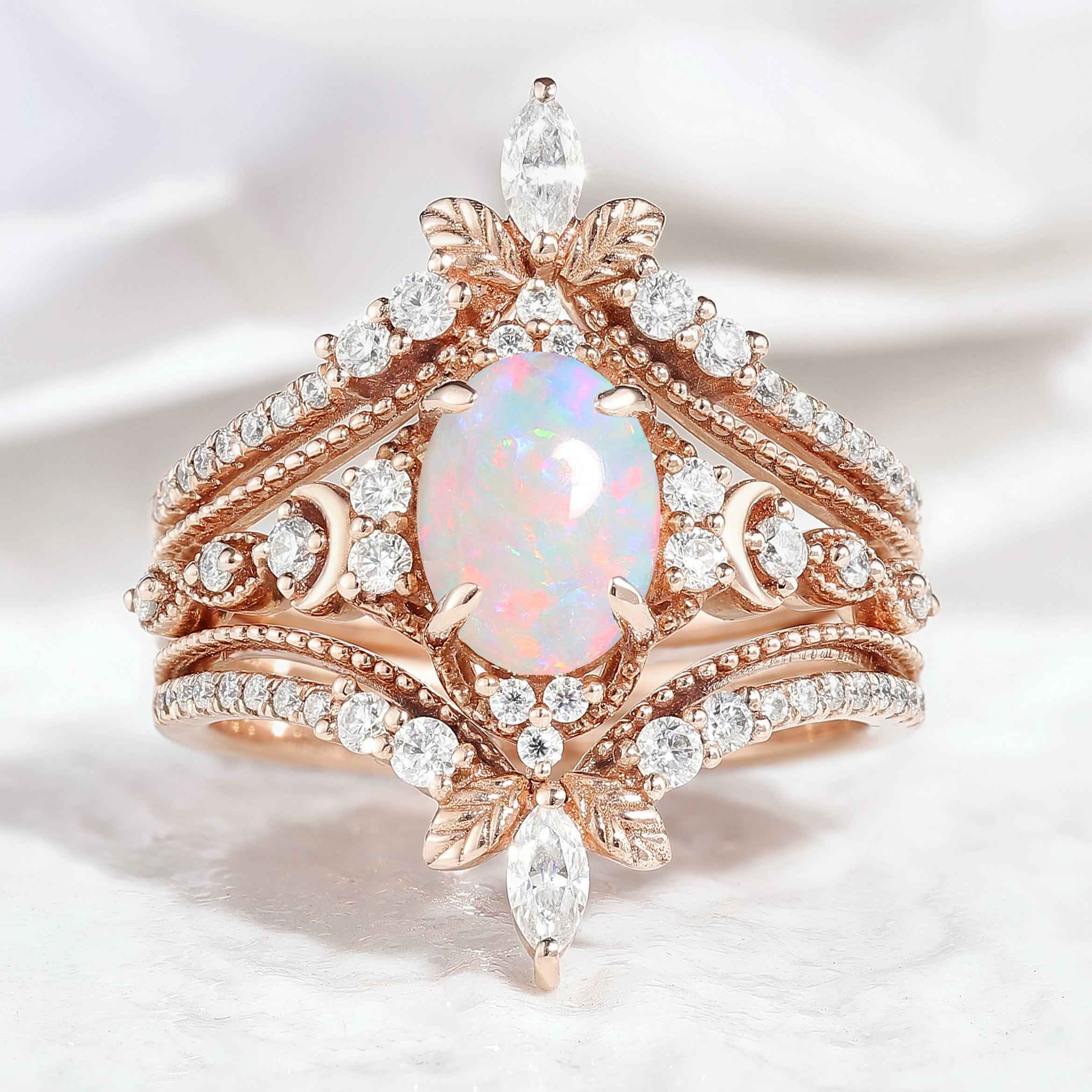 Opal Engagement Ring Nature Inspired Leaf Enhancer Wedding Band 2pcs