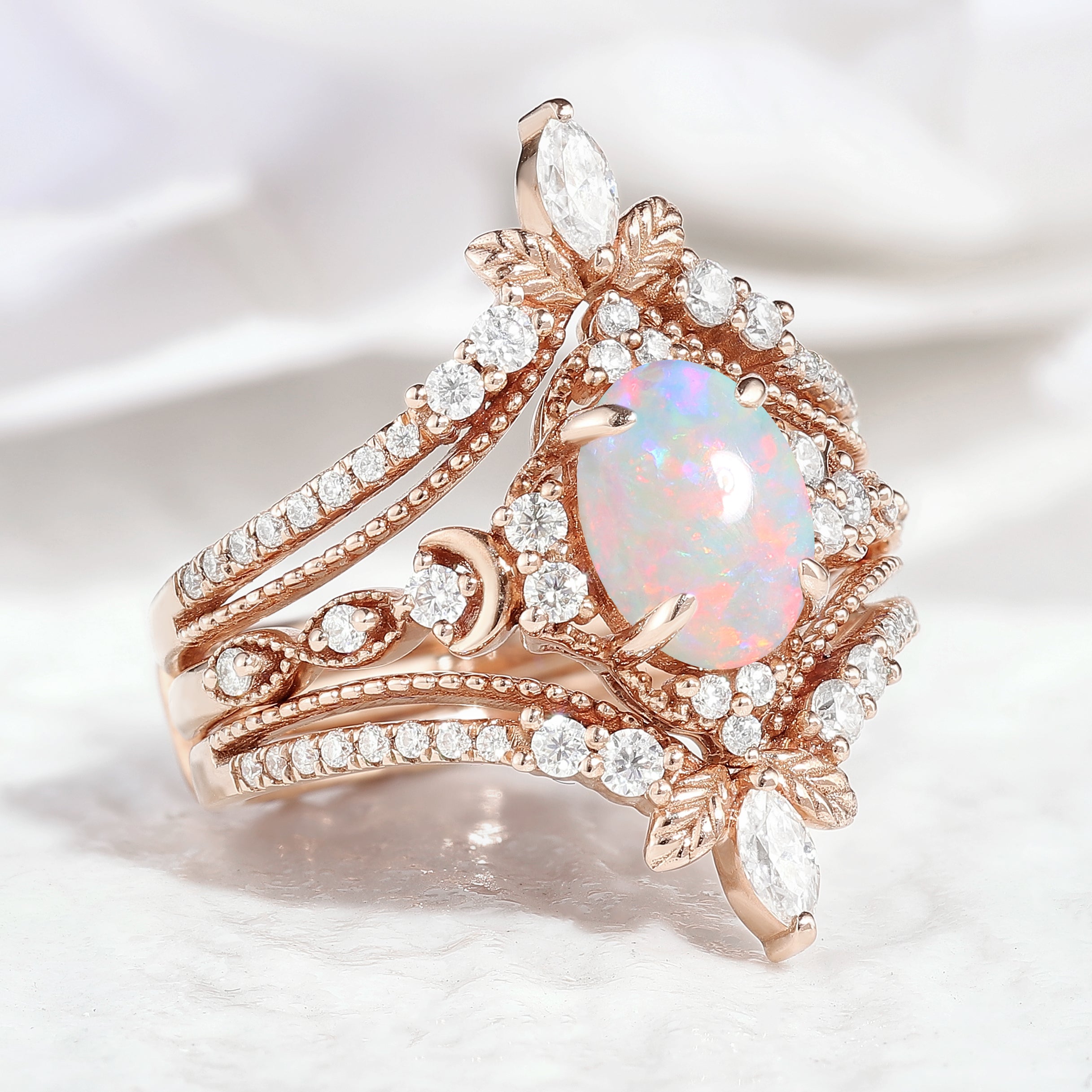 Opal Engagement Ring Nature Inspired Leaf Enhancer Wedding Band 2pcs