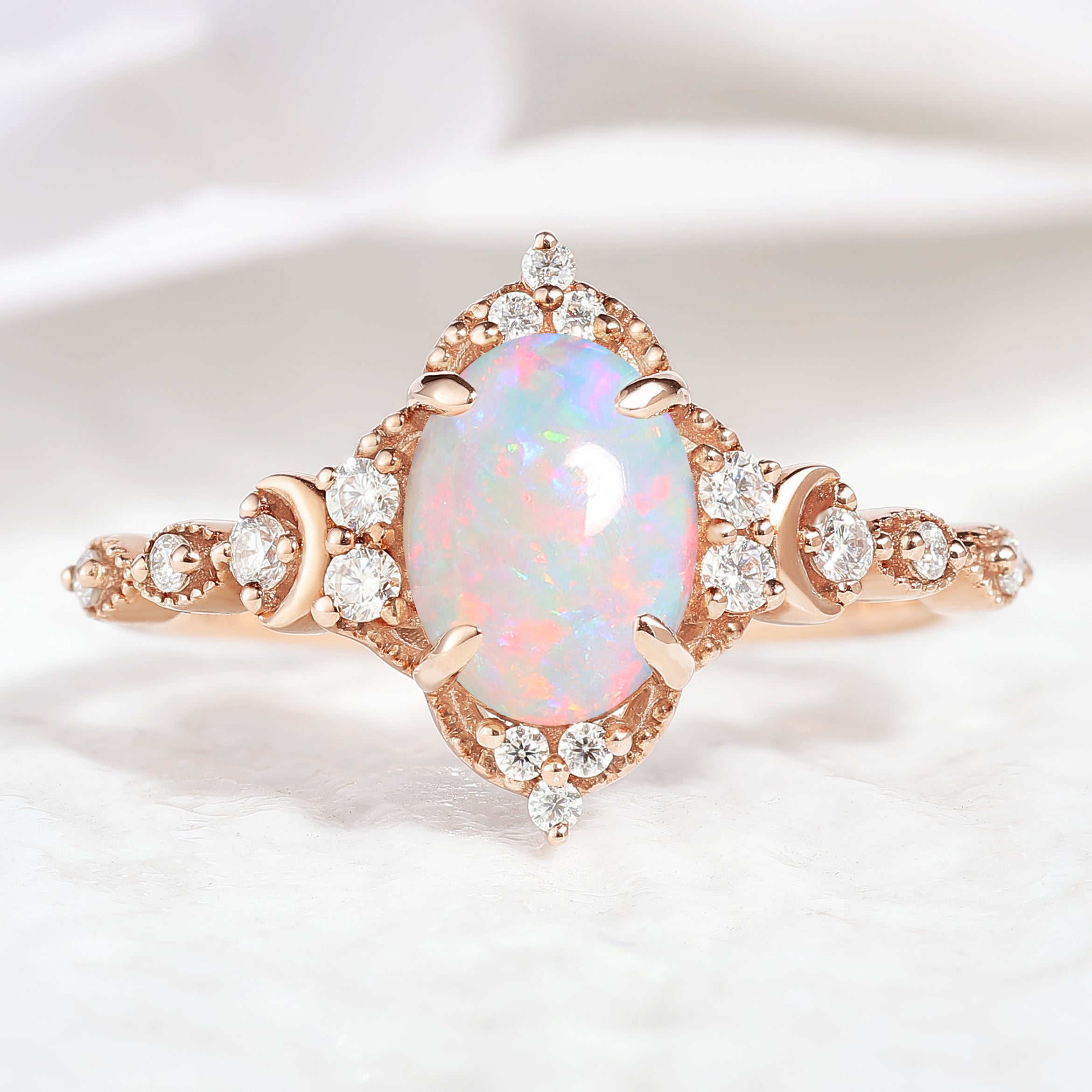 Unique Oval Opal Engagement Ring Moon Ring Rose Gold