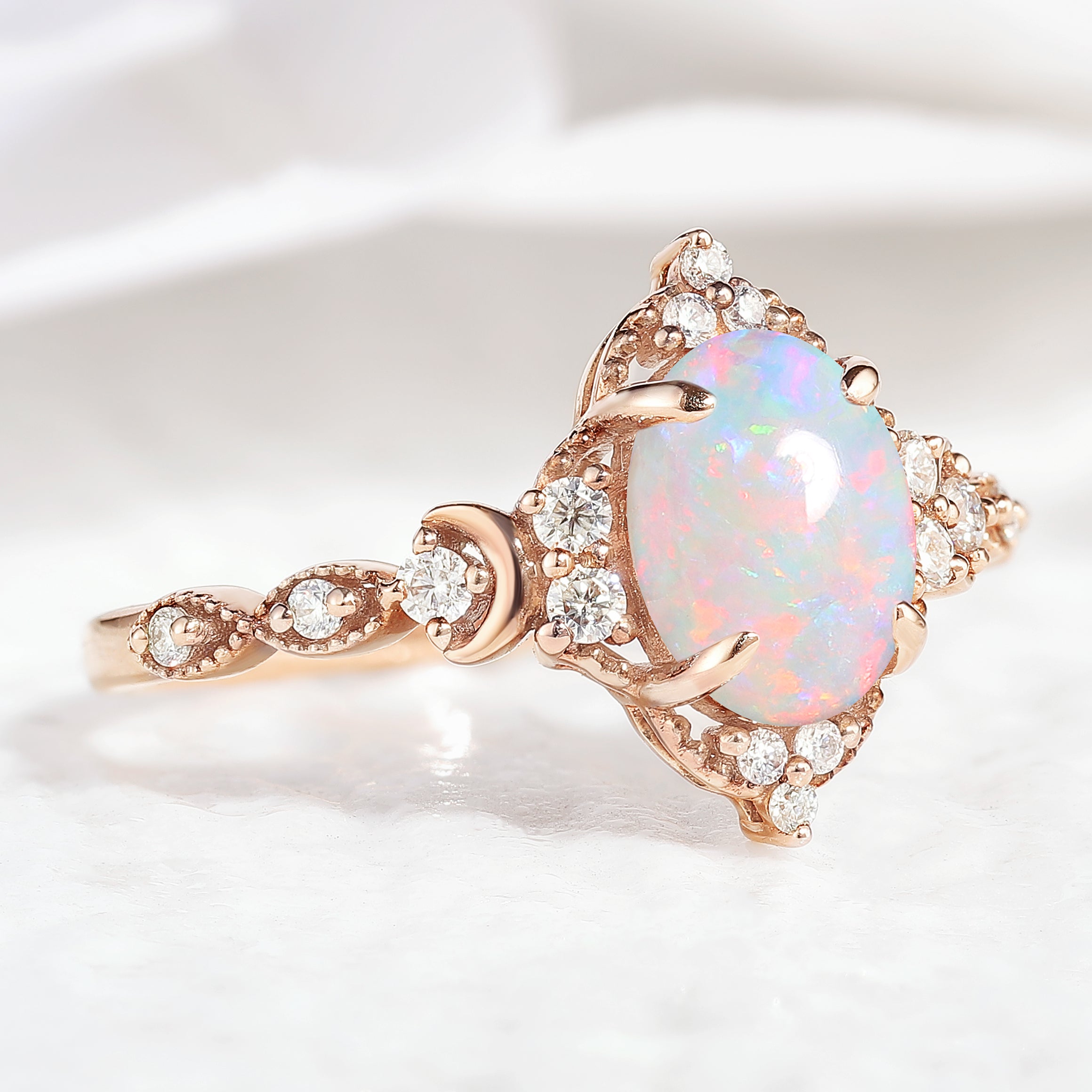 Unique Oval Opal Engagement Ring Moon Ring Rose Gold