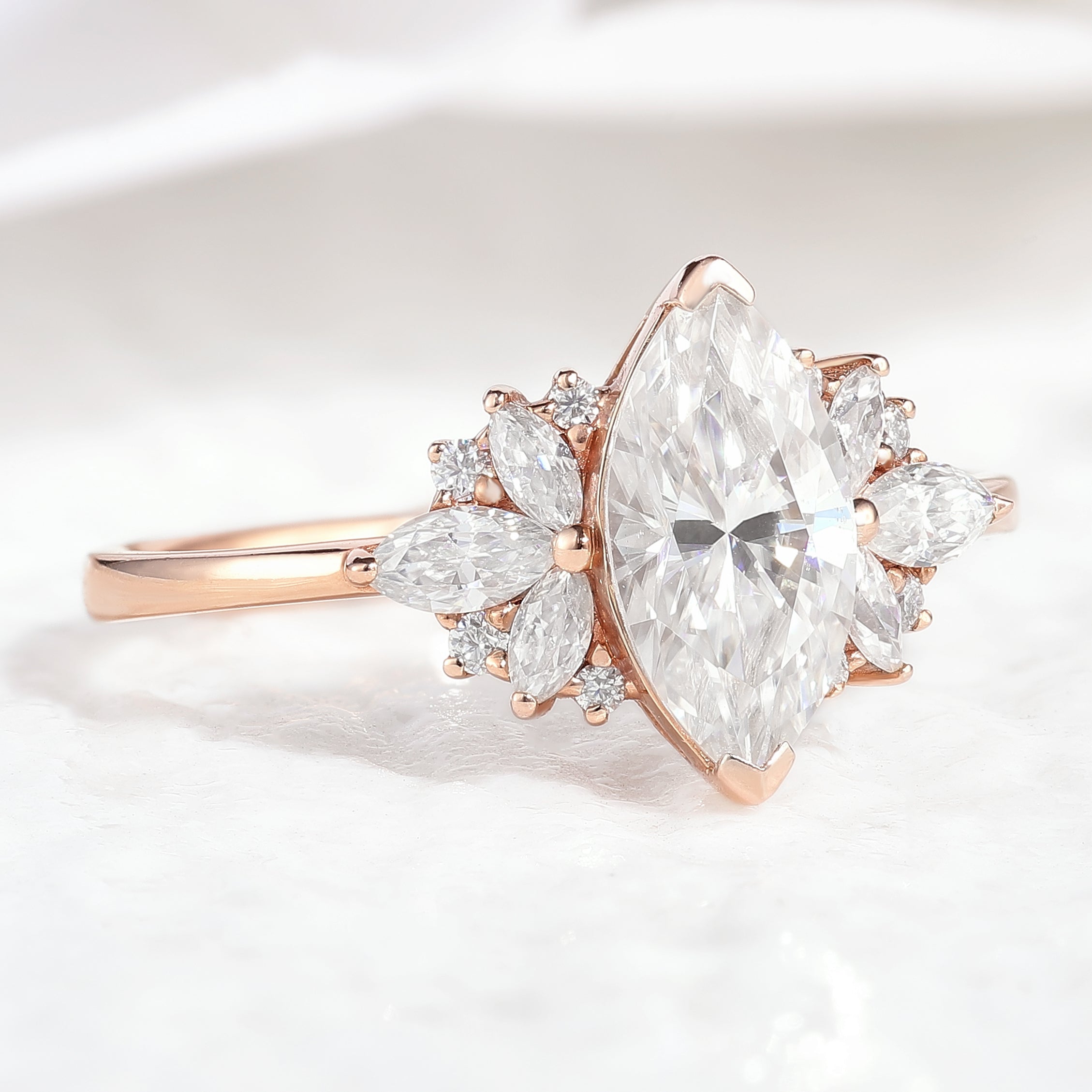 Unique Marquise Cut Moissanite Engagement Ring In Rose Gold