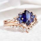 Dainty Hexagon Cut Blue Sapphire Engagement Ring Set Chevron Wedding Band 2pcs