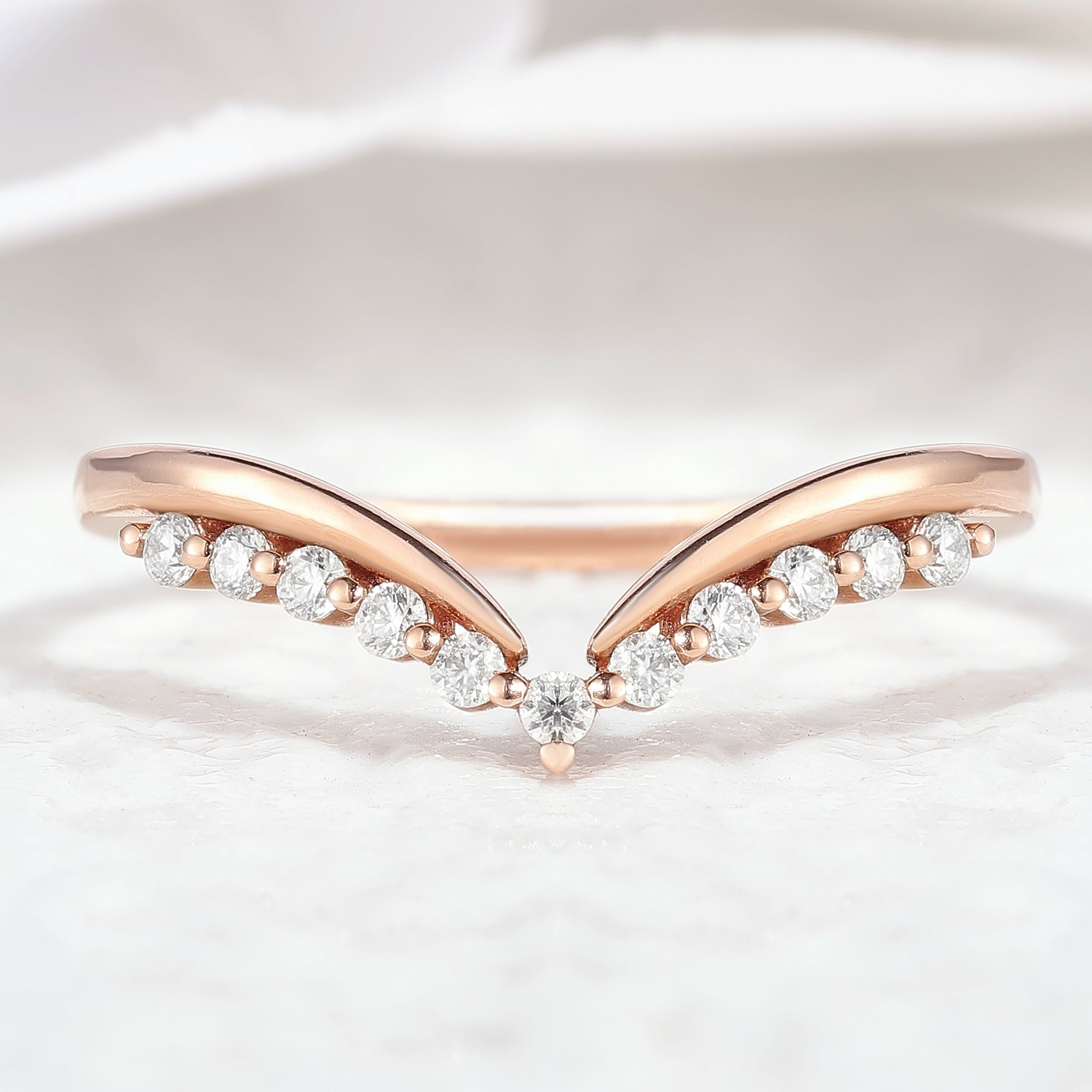 Minimalist Moissanite Wedding Band Chevron Shape In Rose Gold