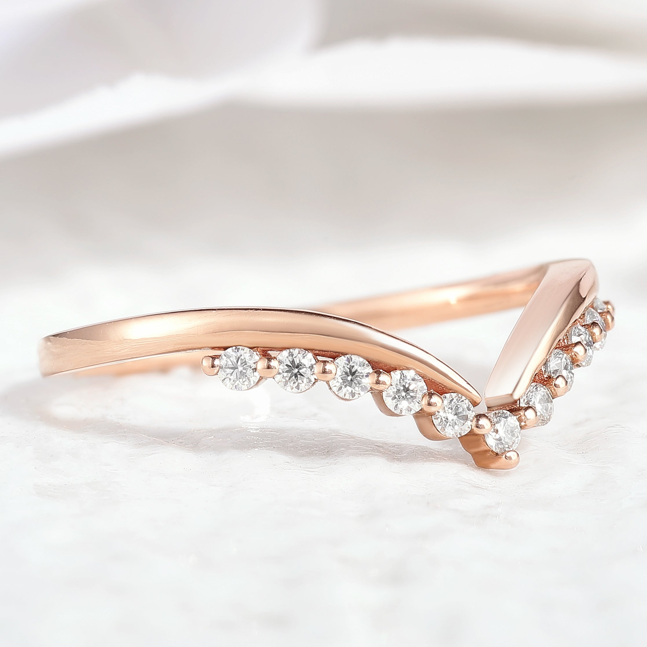 Minimalist Moissanite Wedding Band Chevron Shape In Rose Gold