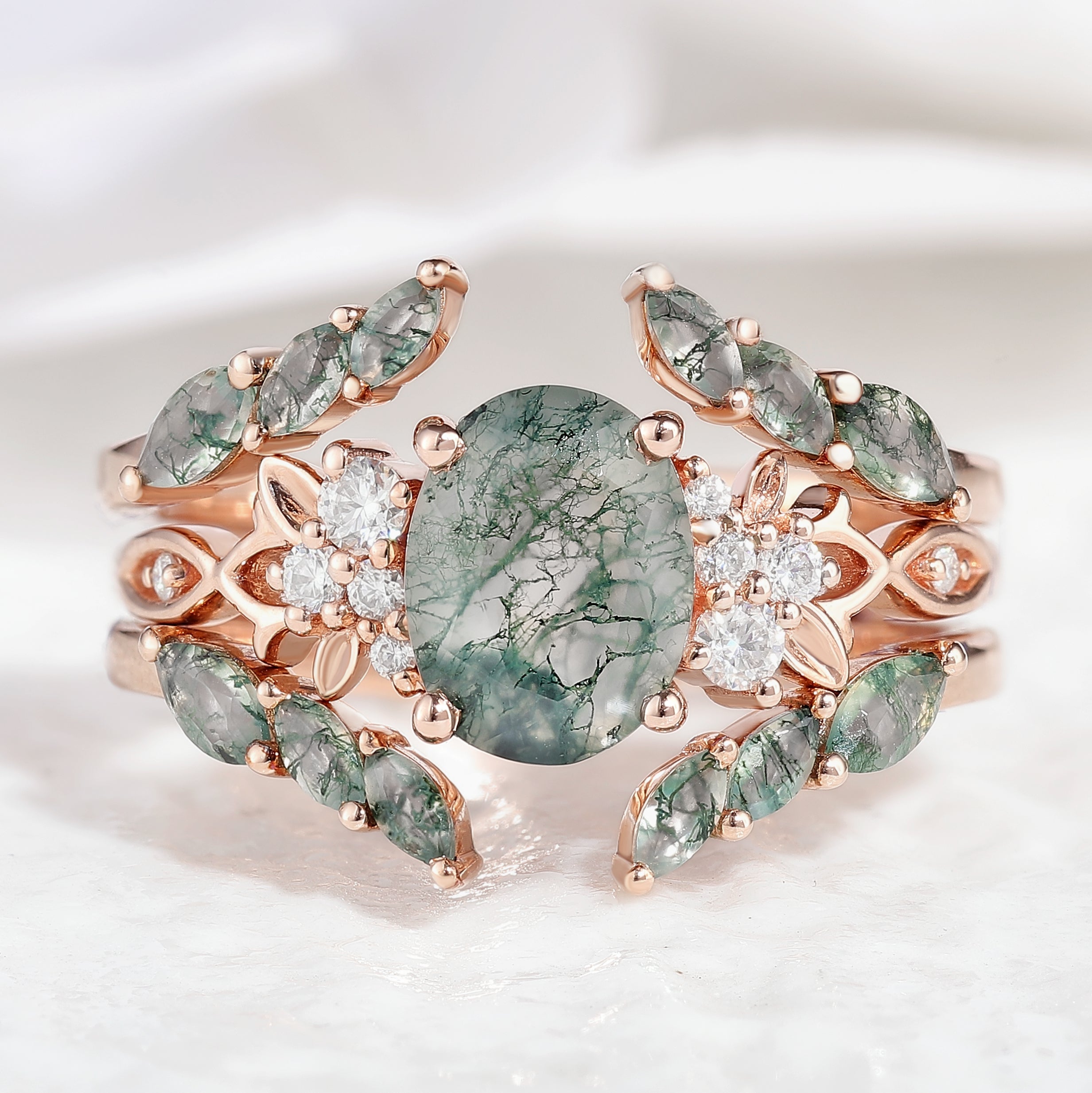 Moss Agate Engagement Rings Set Enhancer Wedding Band 2pcs