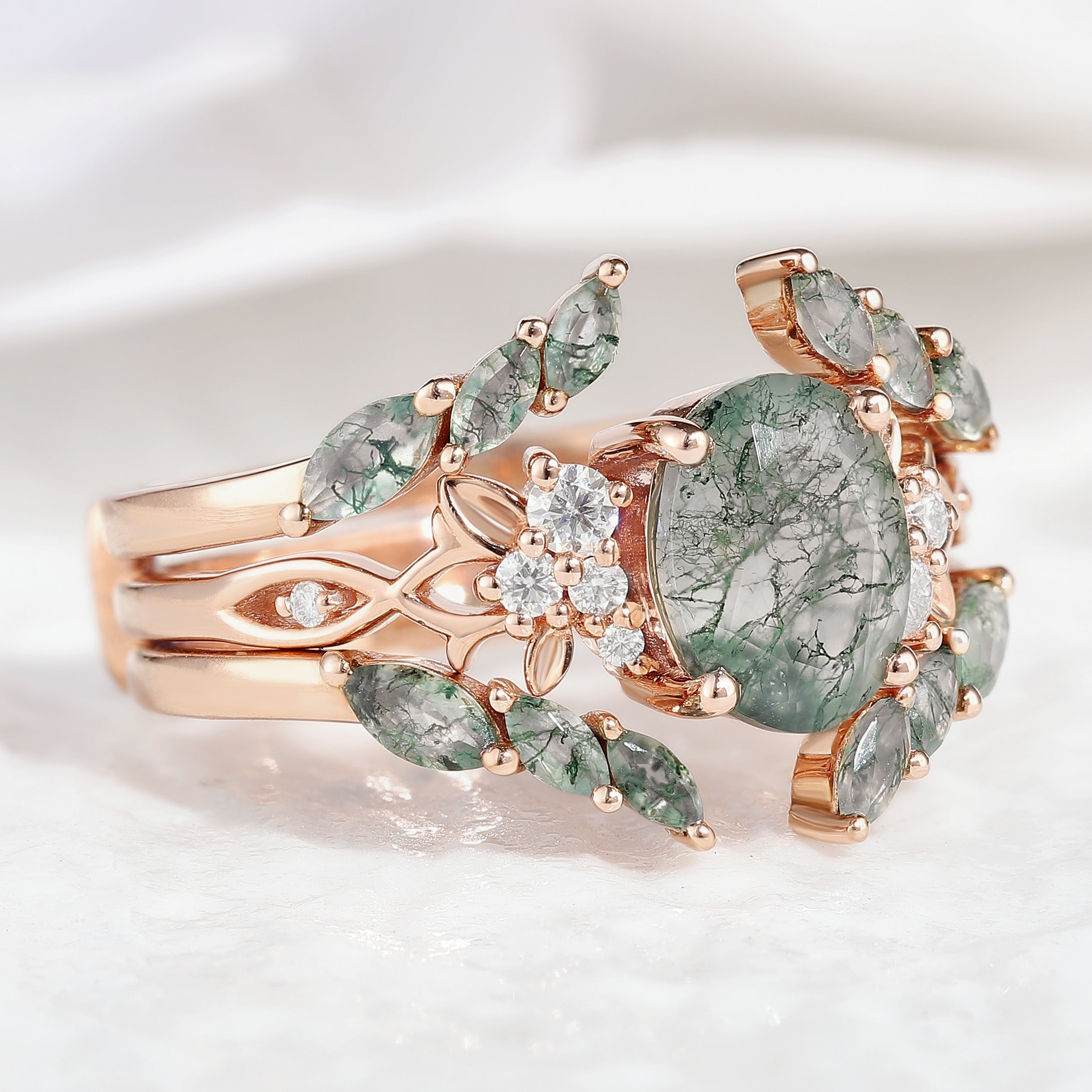 Moss Agate Engagement Rings Set Enhancer Wedding Band