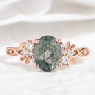 Oval Cut Moss Agate Engagement Ring Nature Inspired Leaf Ring