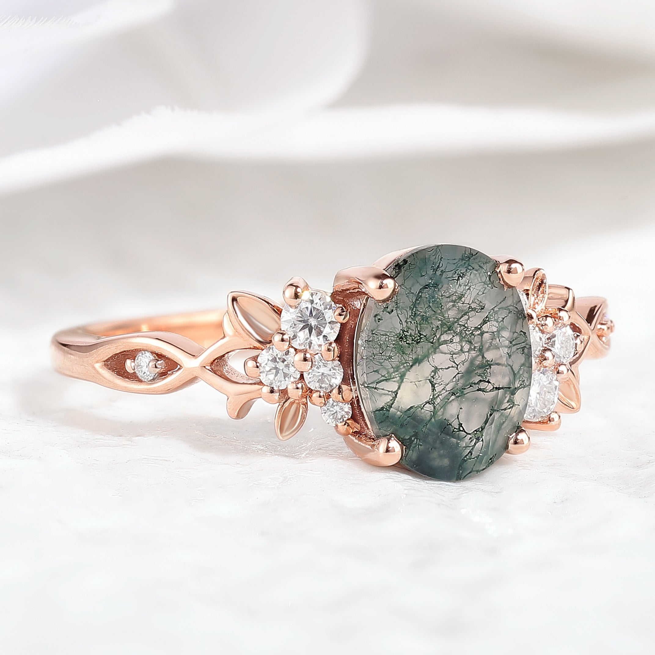 Oval Cut Moss Agate Engagement Ring Nature Inspired Leaf Ring