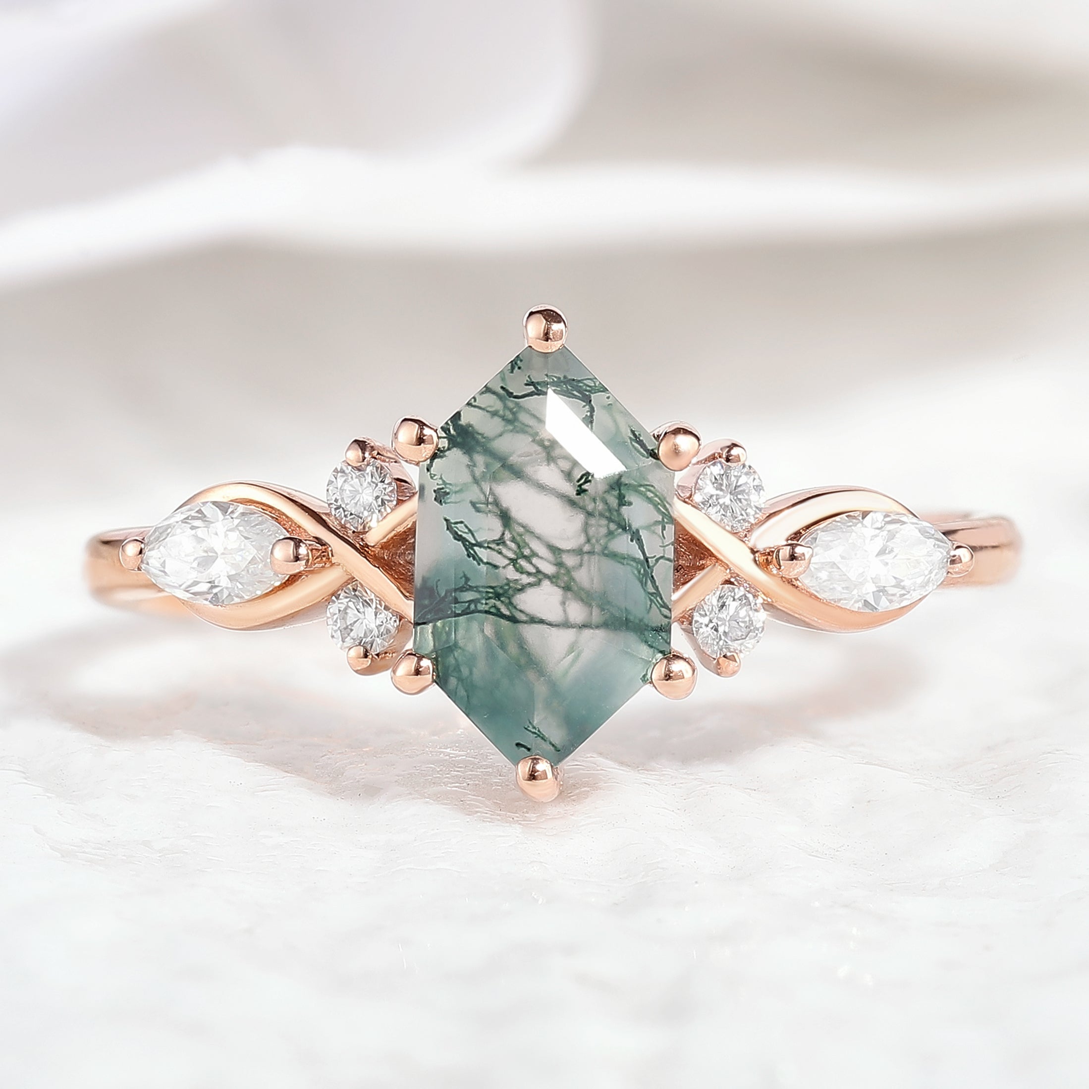 Unique Hexagon Shaped Moss Agate Engagement Ring