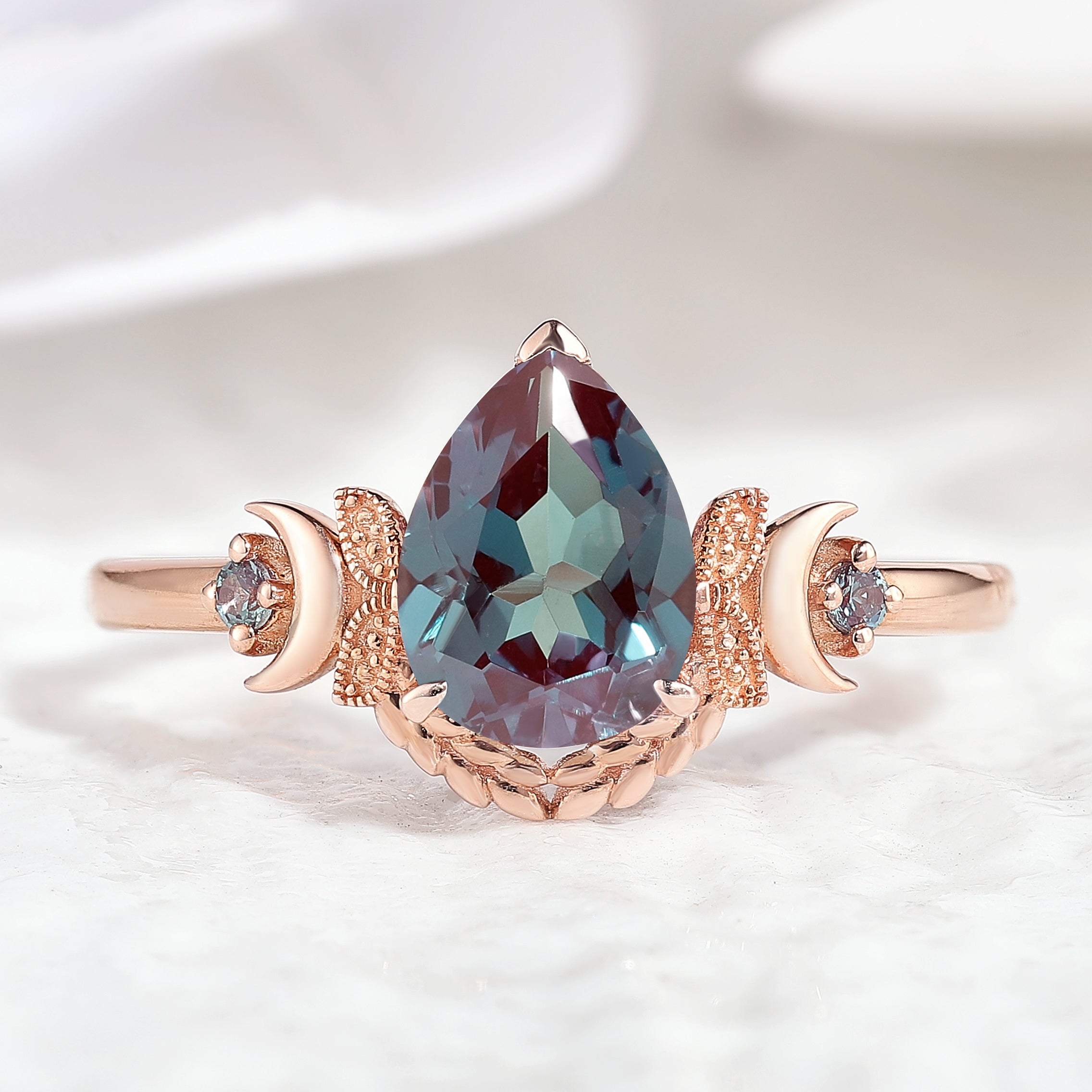 Unique Design Moon Shaped Alexandrite Engagement Ring