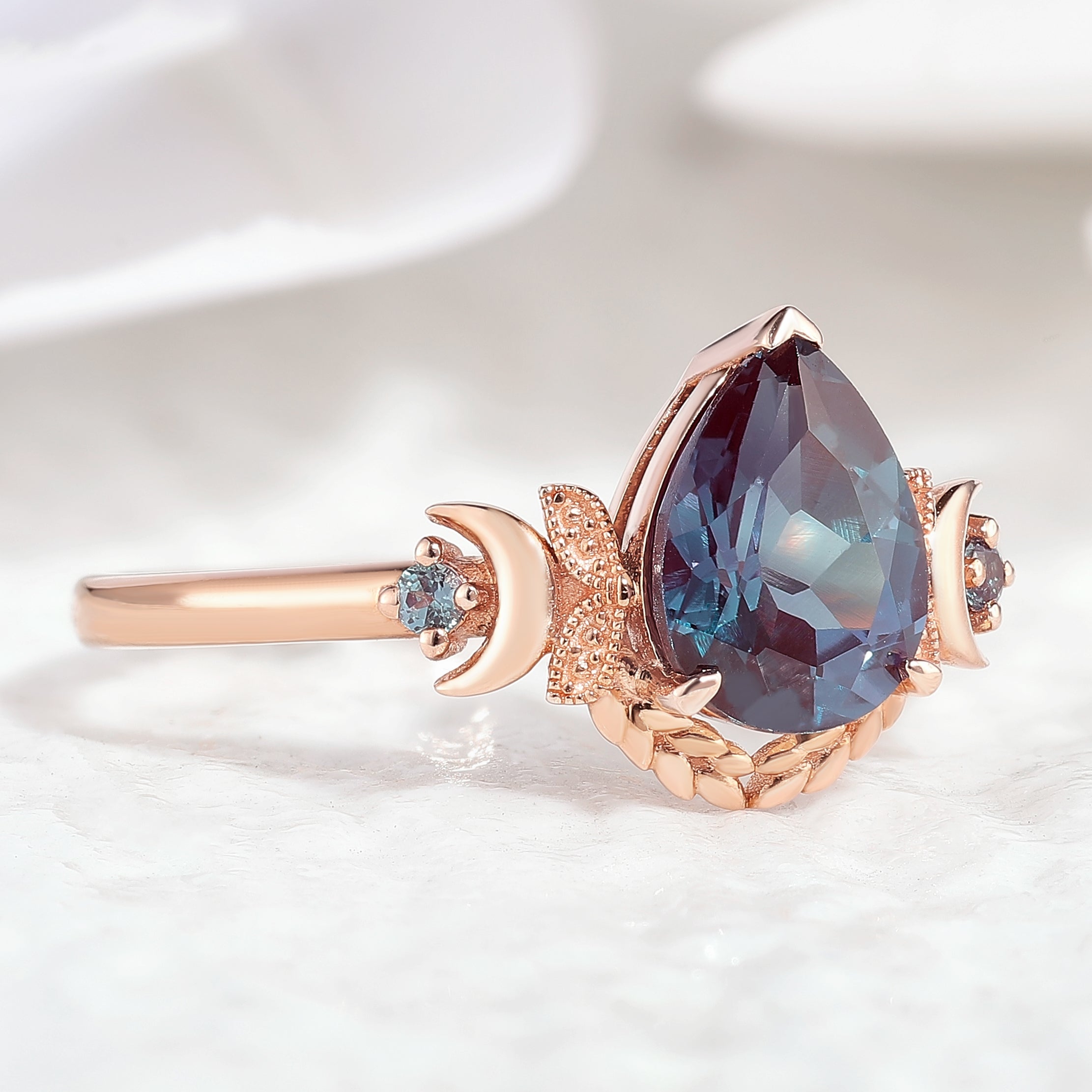 Unique Design Moon Shaped Alexandrite Engagement Ring