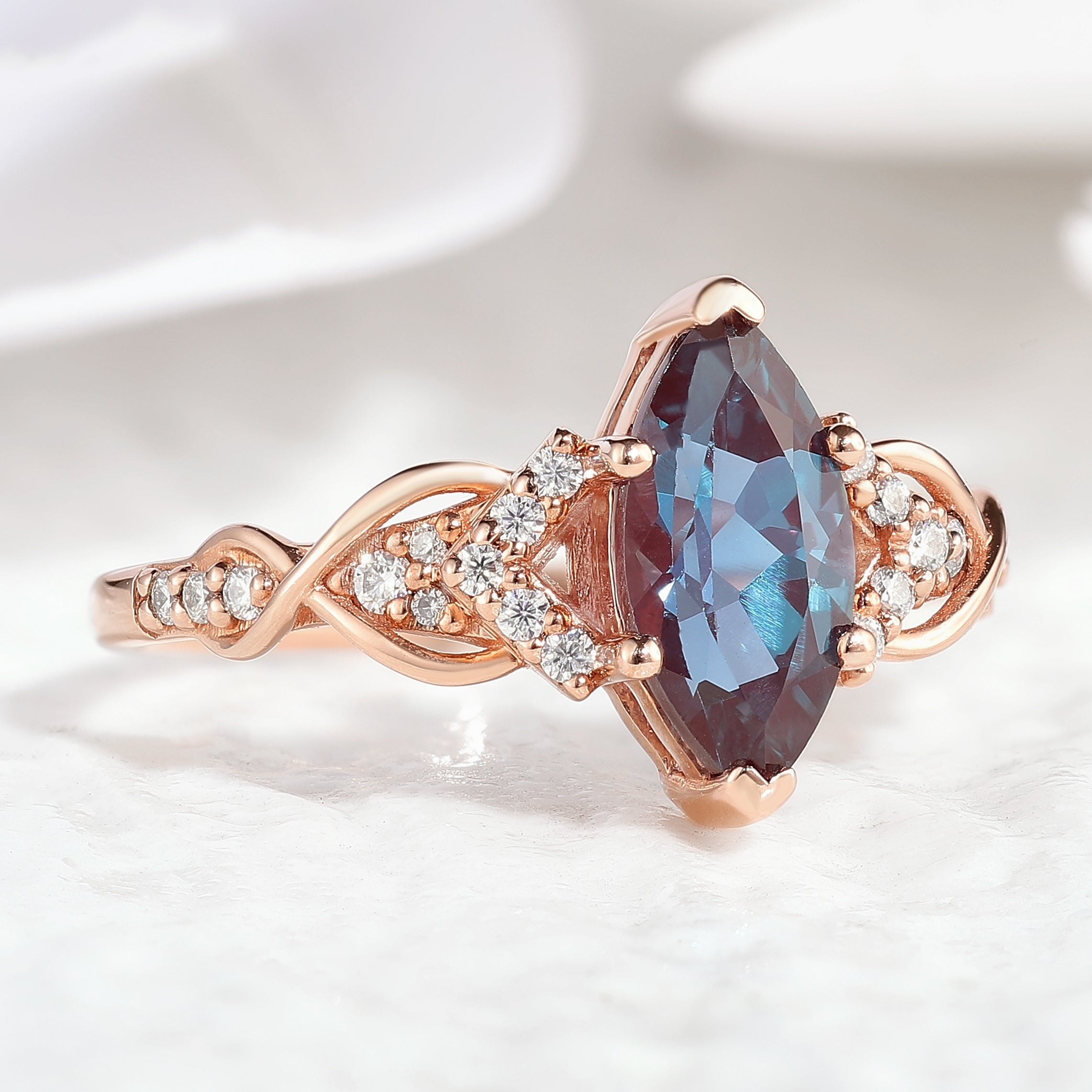 Unique Marquise Cut Alexandrite Engagement Ring In Rose Gold