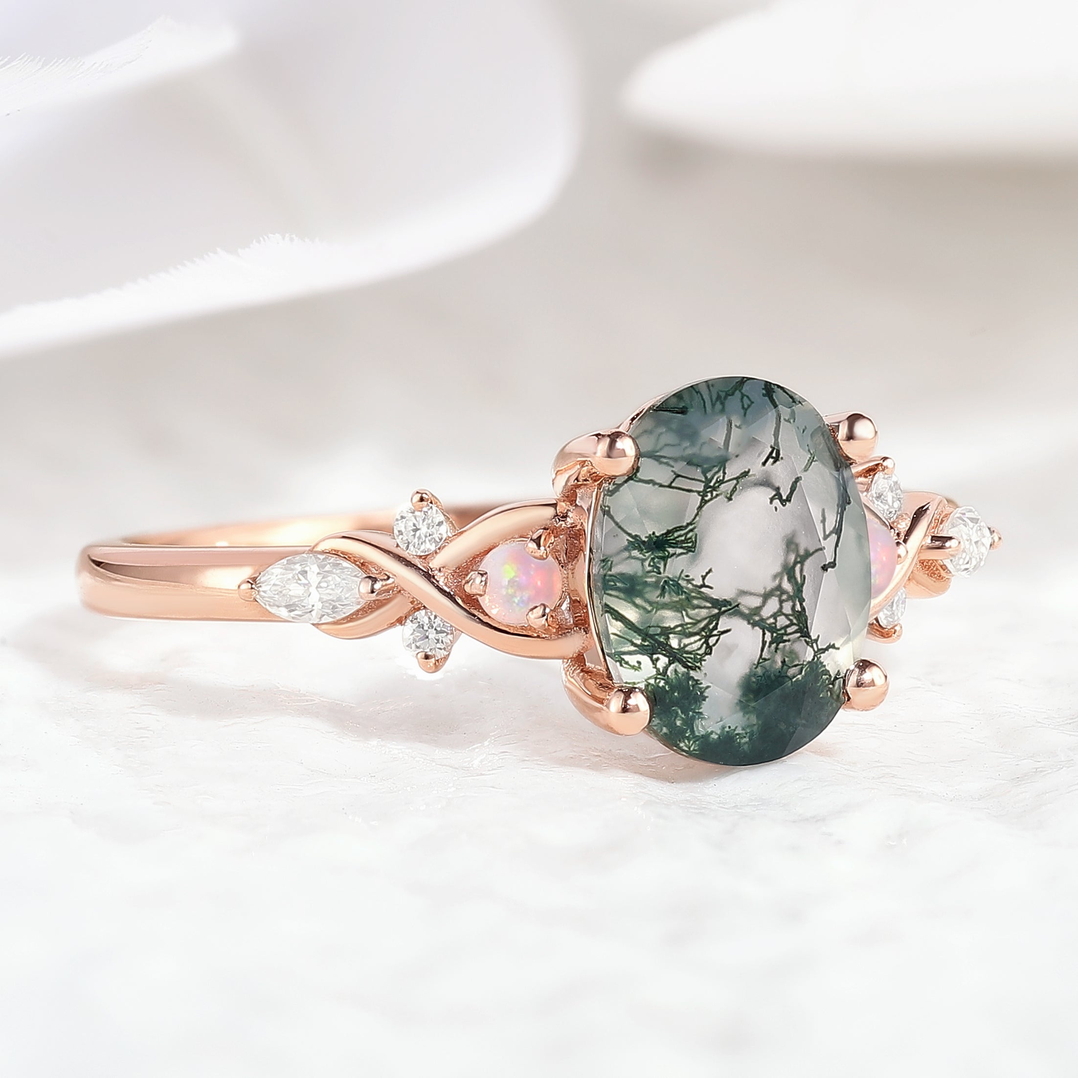 Nature Inspired Oval Cut Moss Agate Engagement Ring Opal & Moissanite Cluster