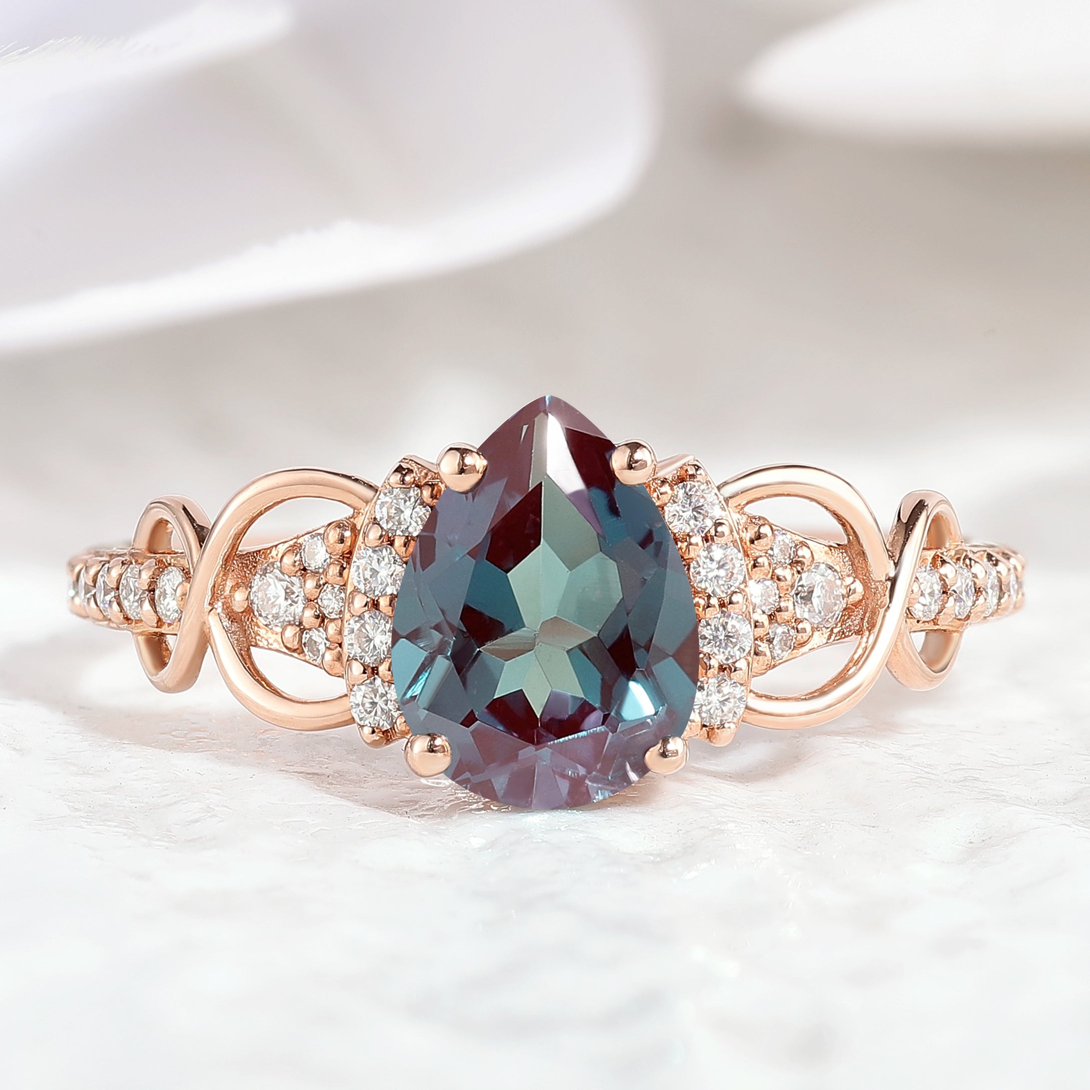 Pear Cut Alexandrite Engagement Ring Moissanite Cluster Rose Gold Ring