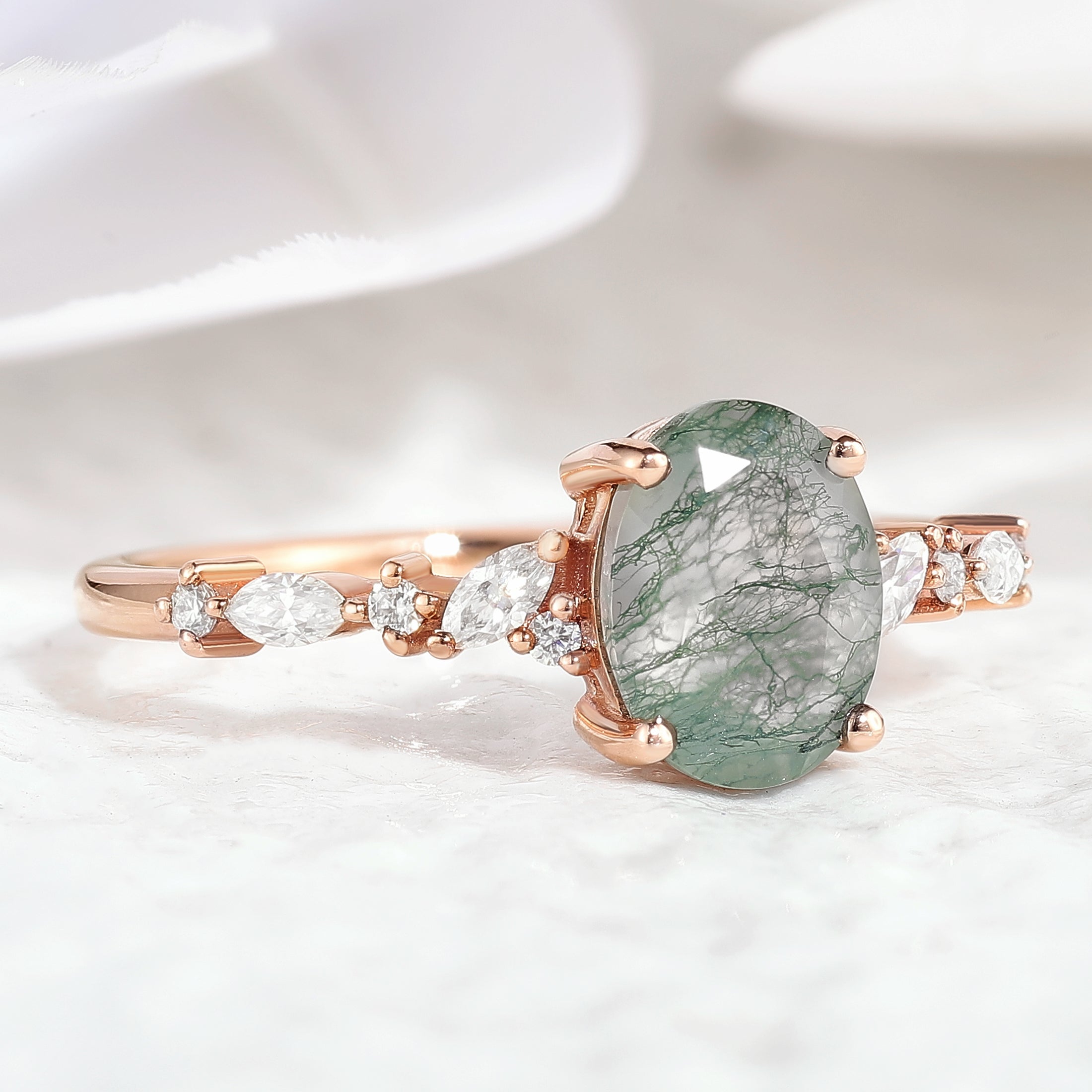 Nature Inspired Oval Cut Moss Agate Engagement Ring Moissanite Cluster