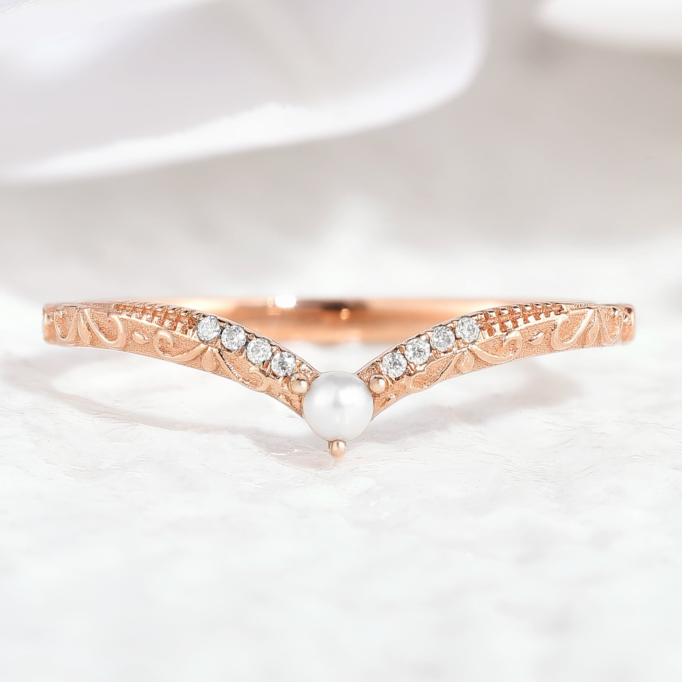 Vintage Rose Gold Moissanite Pearl Chevron Wedding Band