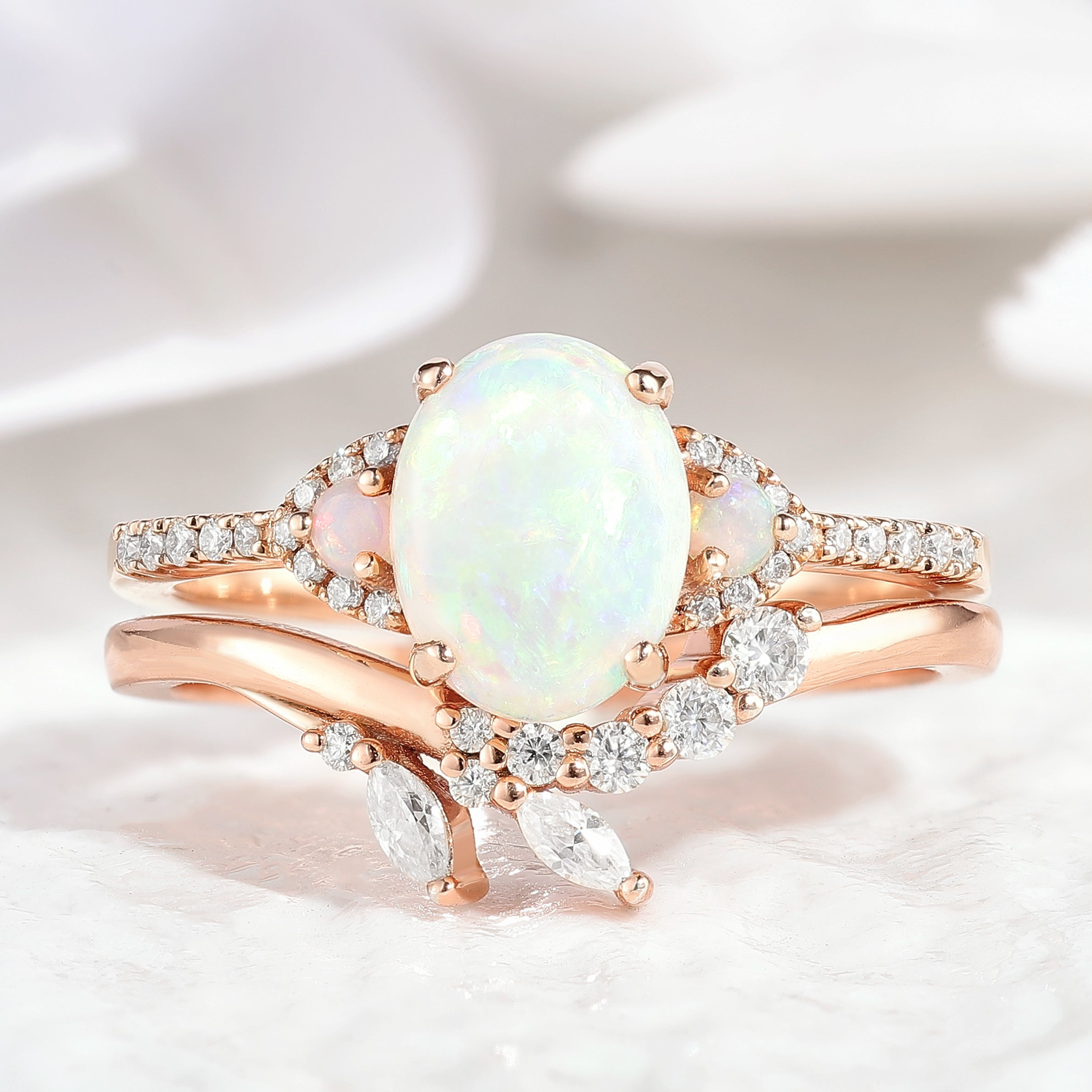 Oval Cut Opal Engagement Ring Set Chevron Wedding Band 2pcs