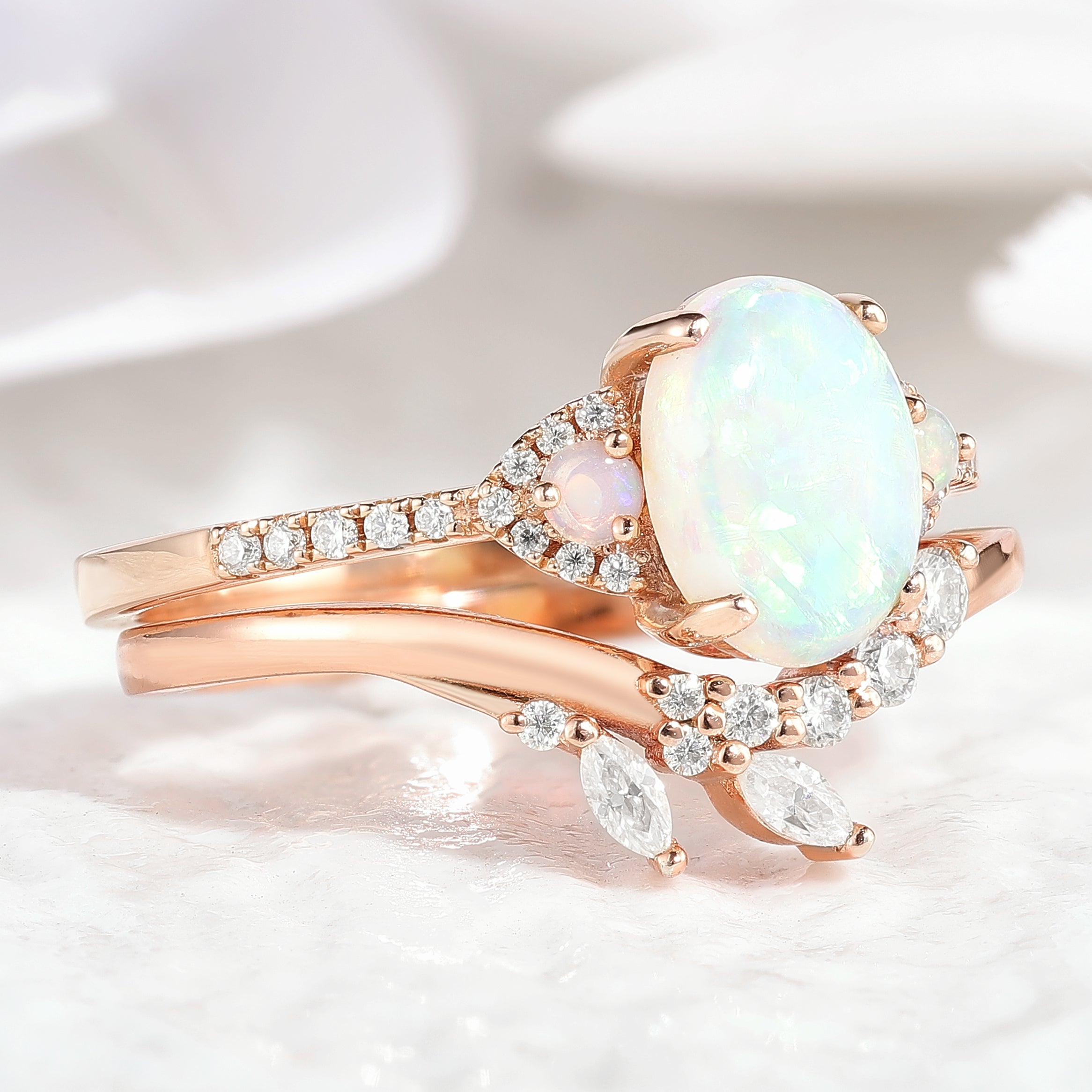 Oval Cut Opal Engagement Ring Set Chevron Wedding Band 2pcs