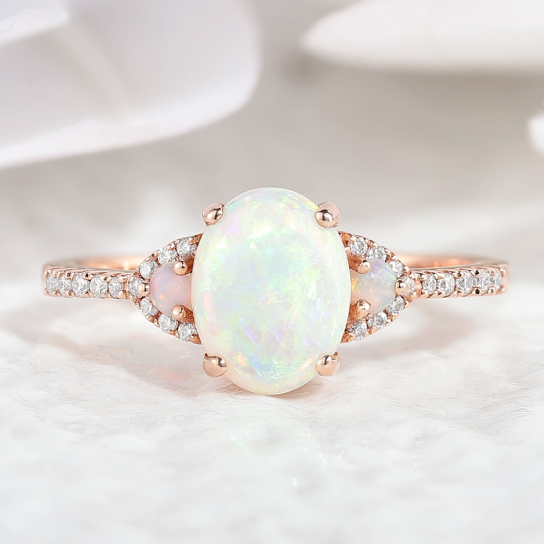 Oval Cut Natural Opal Engagement Ring 14k Rose Gold