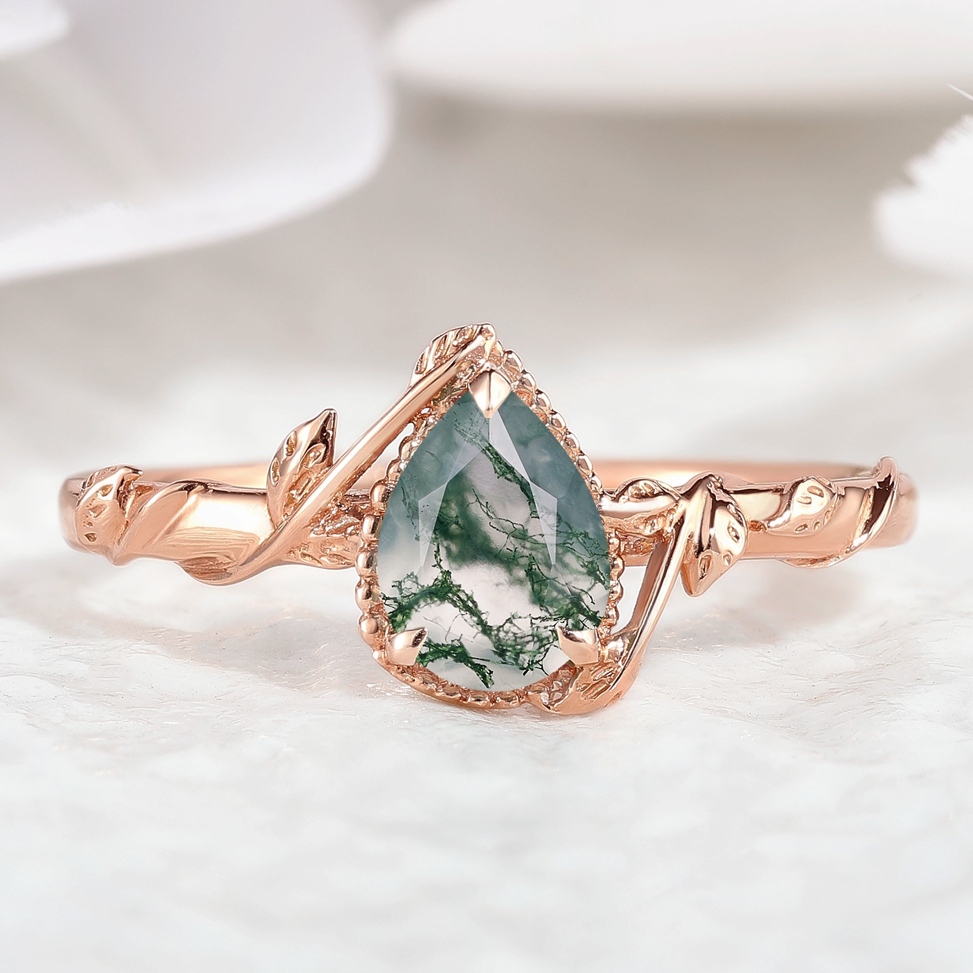 Pear Cut Moss Agate Engagement Ring Nature Inspired Leaf Ring