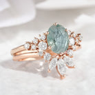 Oval Moss Agate Engagement Ring and Chevron Wedding Band Set