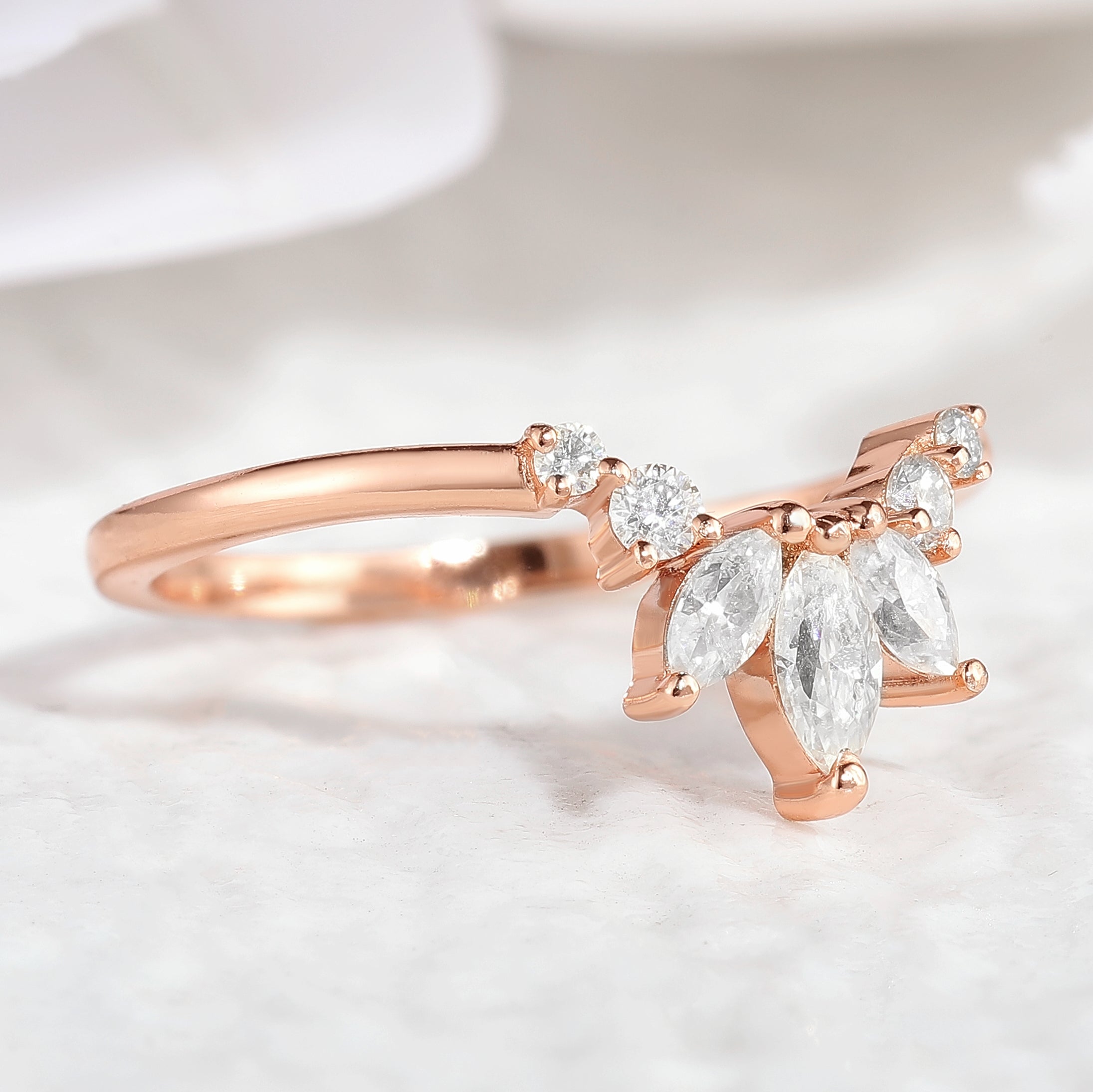 Rose Gold Chevron Wedding Band with Marquise Moissanites