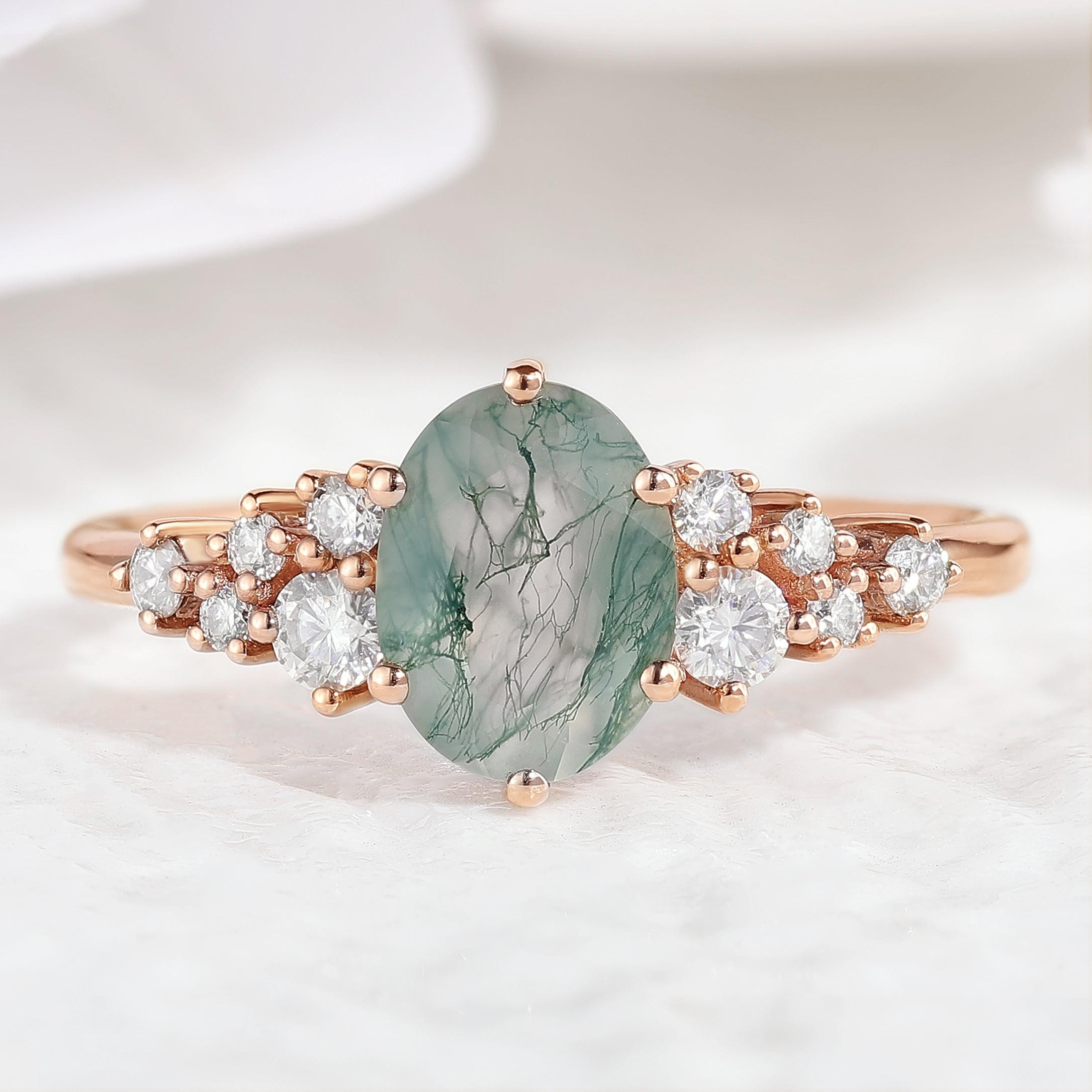 Oval Cut Moss Agate Engagement Ring Moissanite Cluster