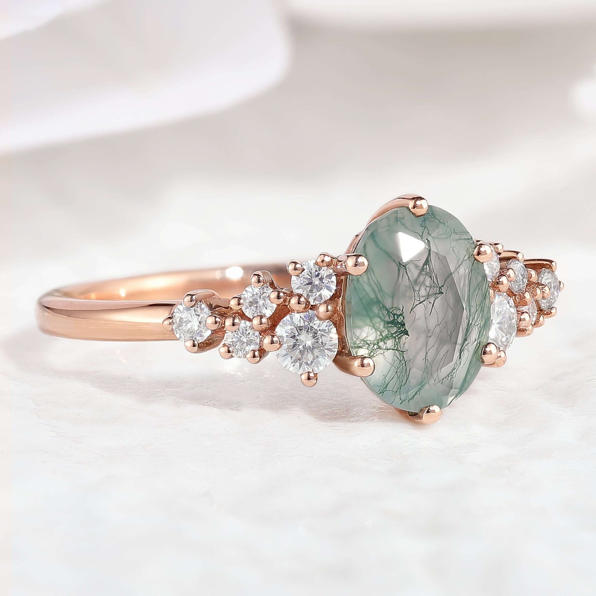 Oval Cut Moss Agate Engagement Ring Moissanite Cluster