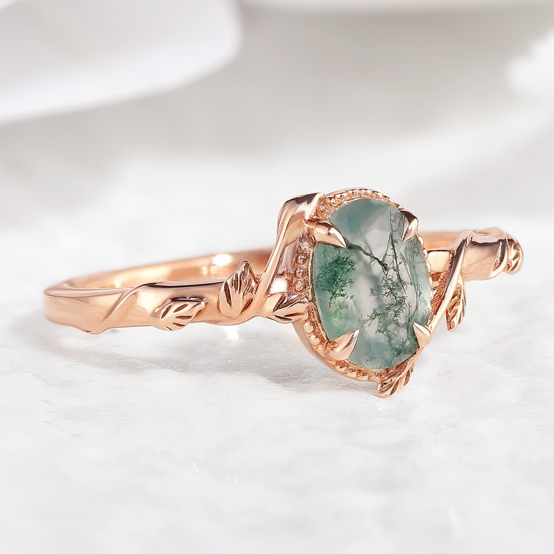 Oval Cut Nature Inspired  Leafy Moss Agate Engagement Ring