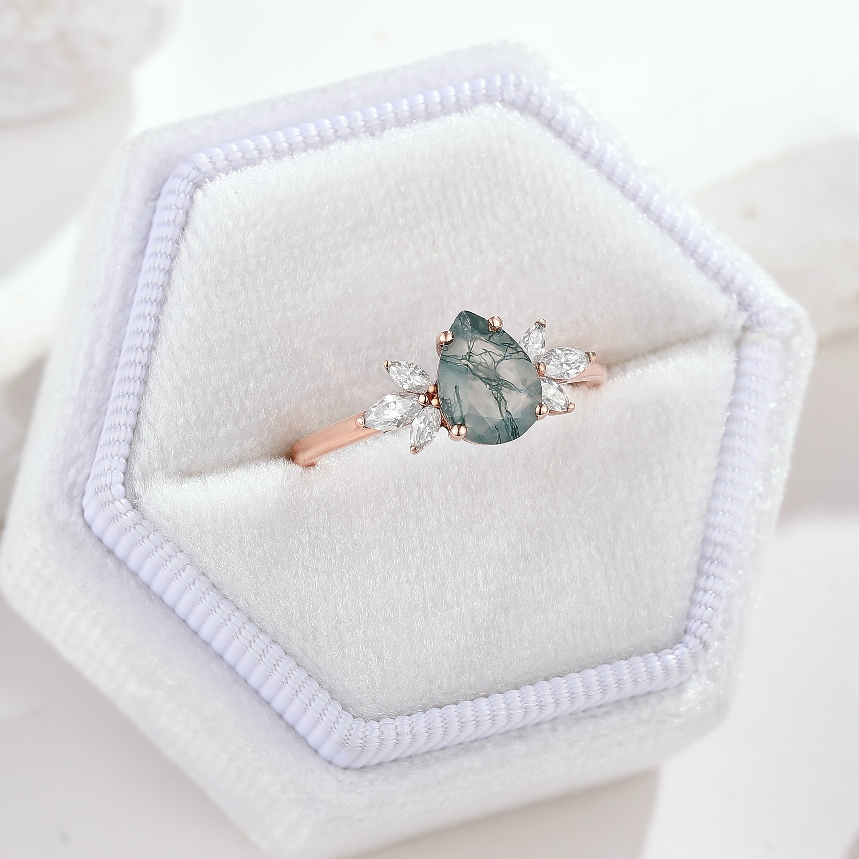 Unique Pear Cut Moss Agate Engagement Ring For Women In A White Ring Box