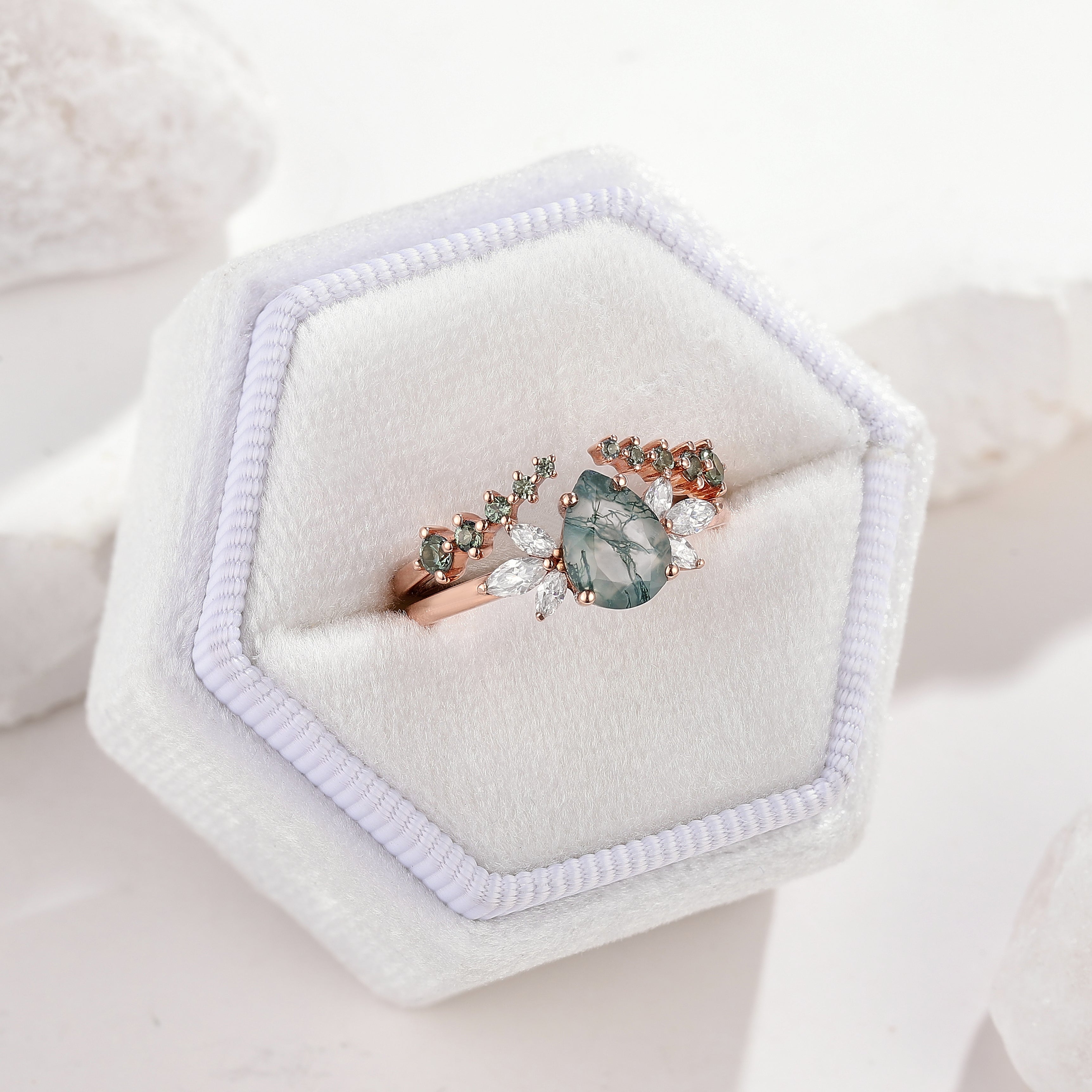 Moss Agate Engagement Ring Set Green Sapphire Open Wedding Band 2pcs in a white ring box