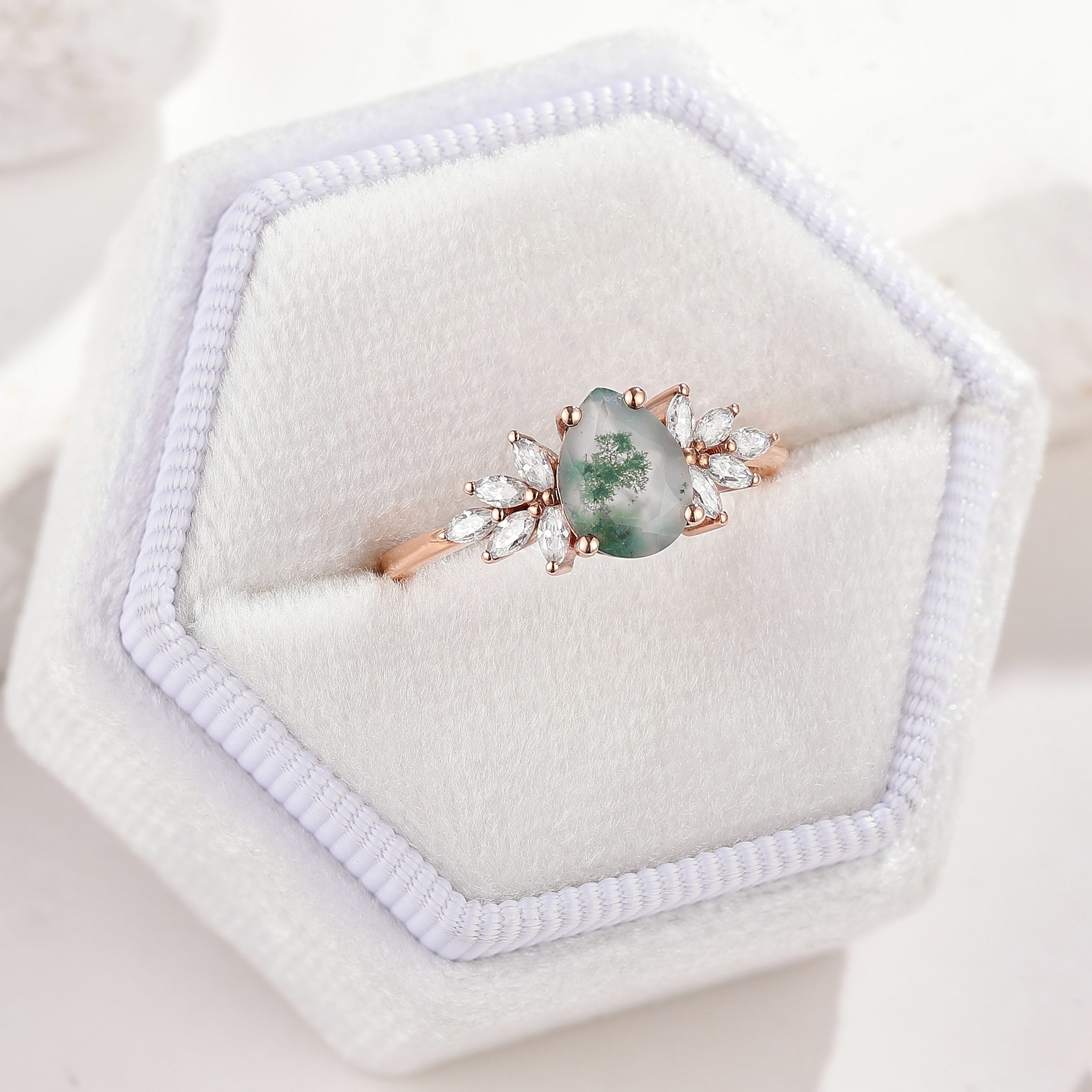 Unique Moss Agate Engagement Ring Marquise Moissanite Cluster Wedding Ring In A White Ring Box