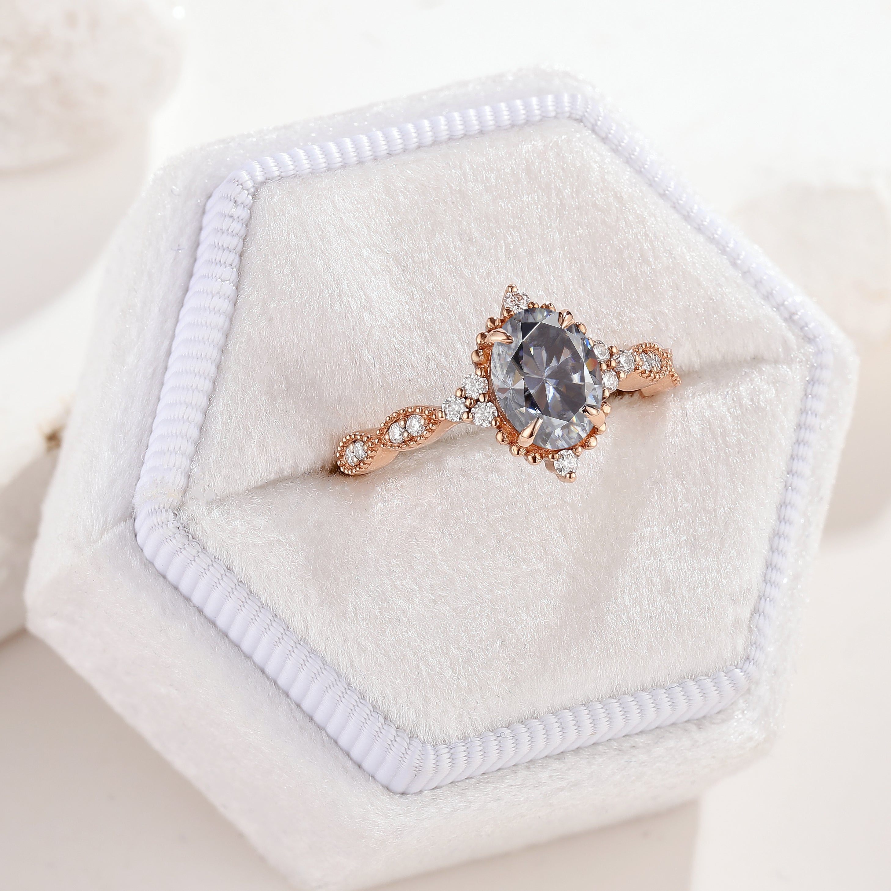 Vintage Oval Cut Black Moissanite Engagement Ring Rose Gold In A White Ring Box