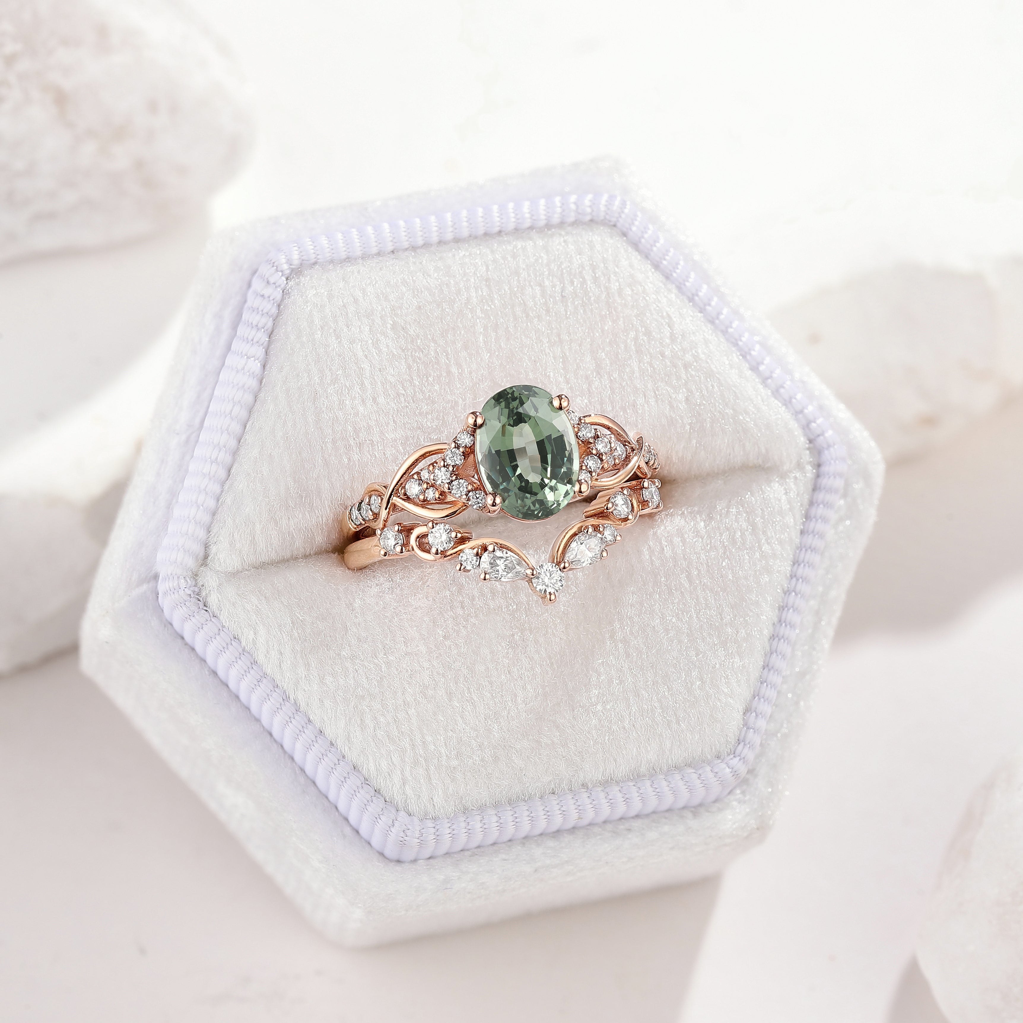 Oval Green Sapphire Engagement Ring V Shaped Wedding Band 2pcs In A White Ring Box