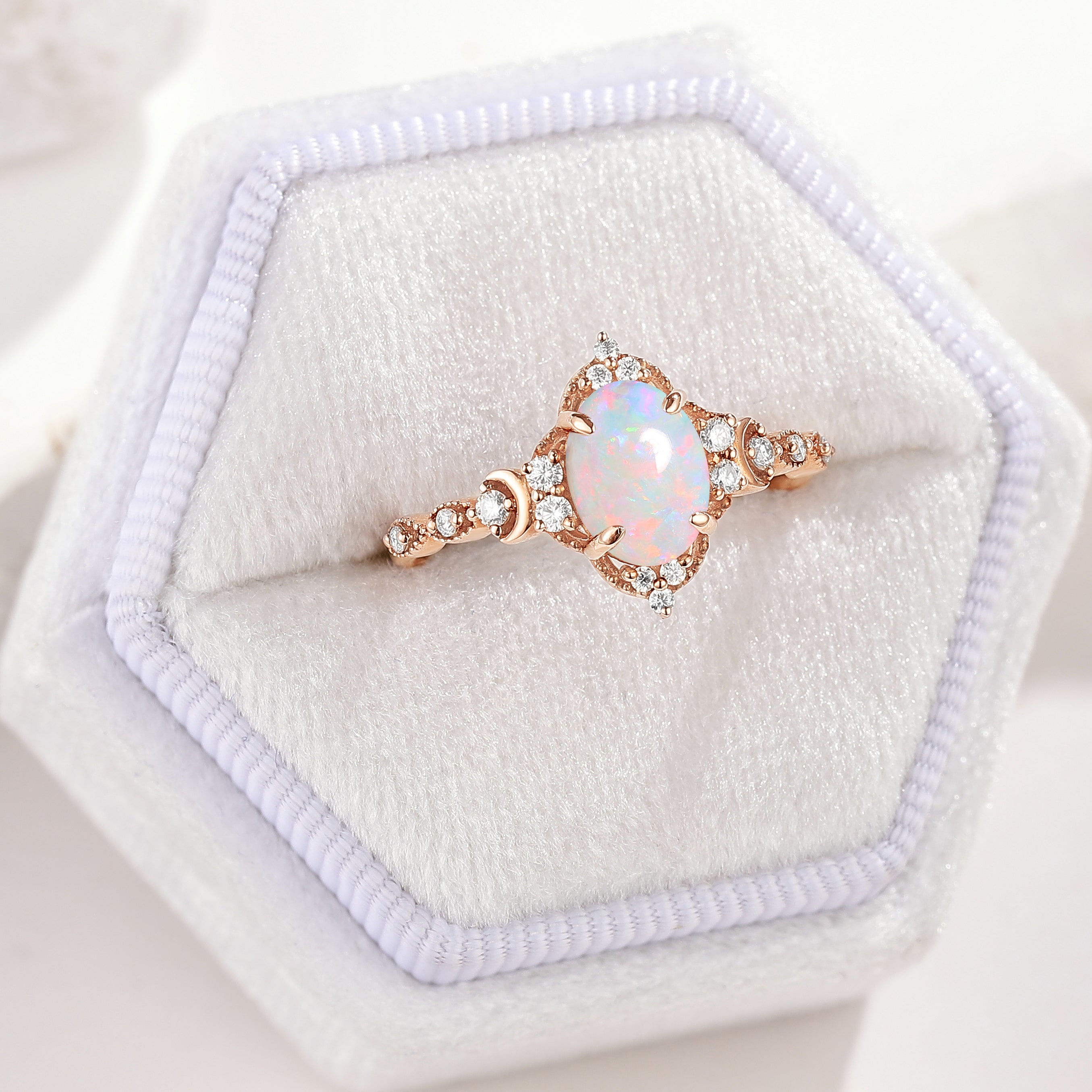 Unique Oval Opal Engagement Ring Moon Ring Rose Gold In A White Ring Box