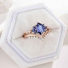 Dainty Hexagon Cut Blue Sapphire Engagement Ring Set Chevron Wedding Band 2pcs