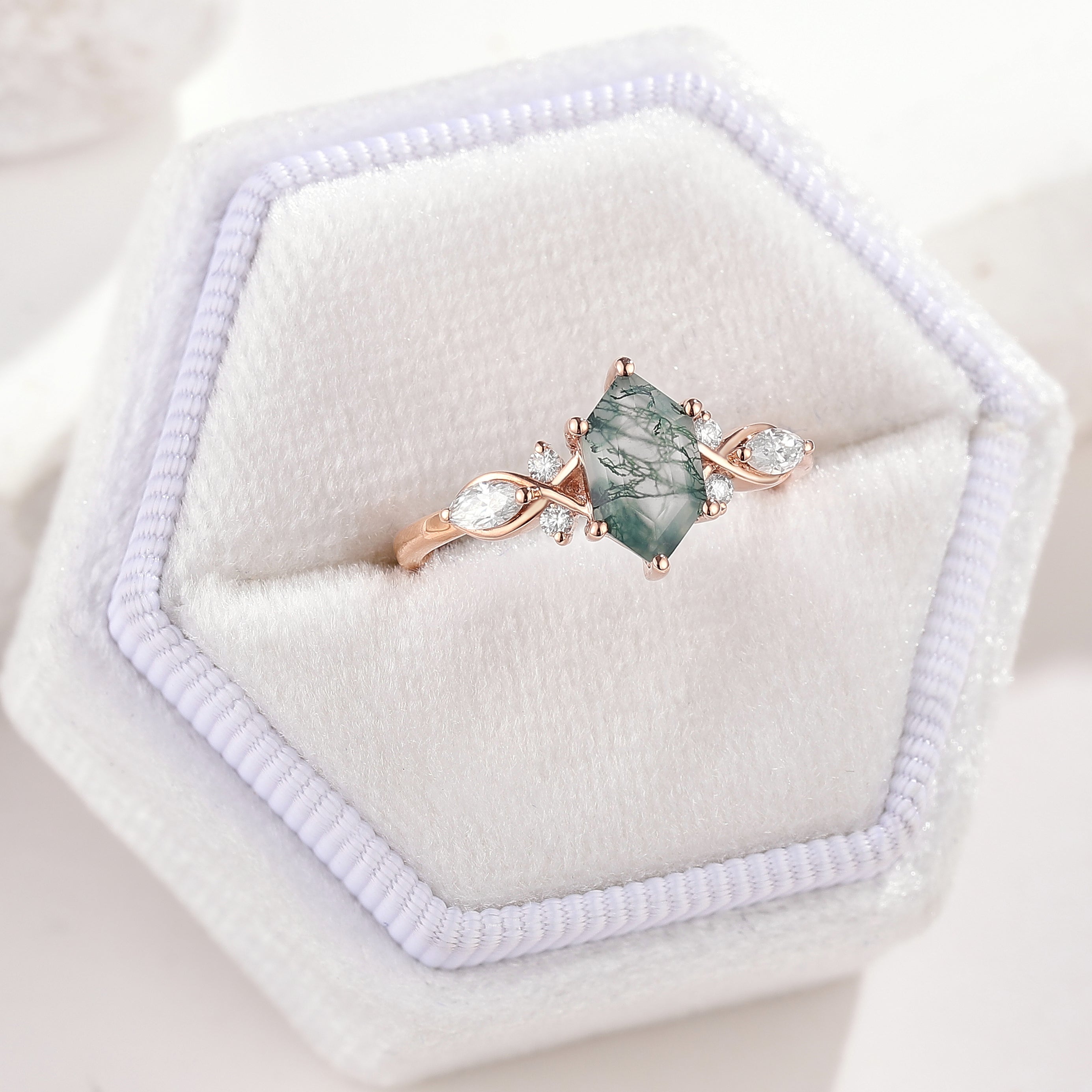 Unique Hexagon Shaped Moss Agate Engagement Ring In A White Ring Box