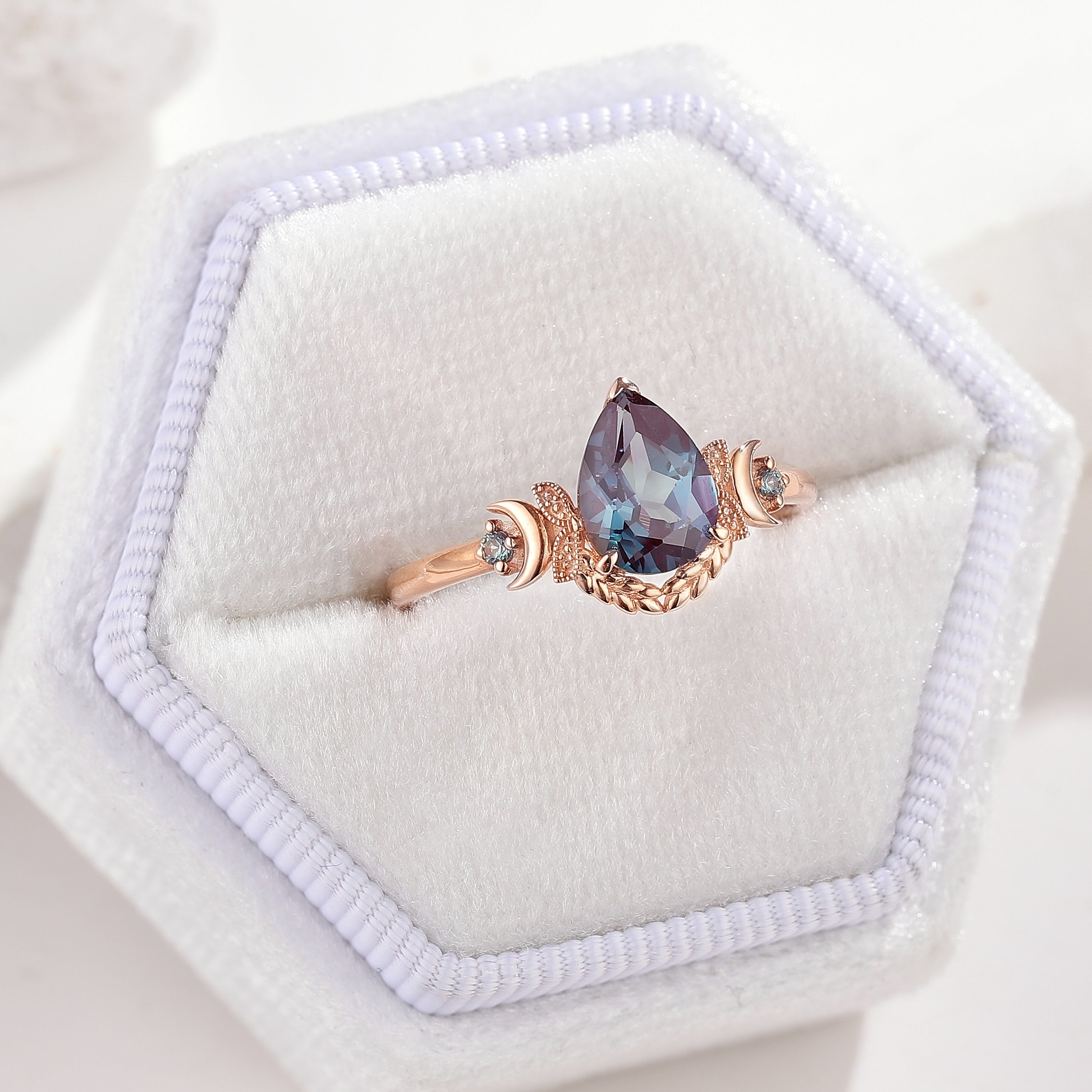 Unique Design Moon Shaped Alexandrite Engagement Ring In A White Ring Box