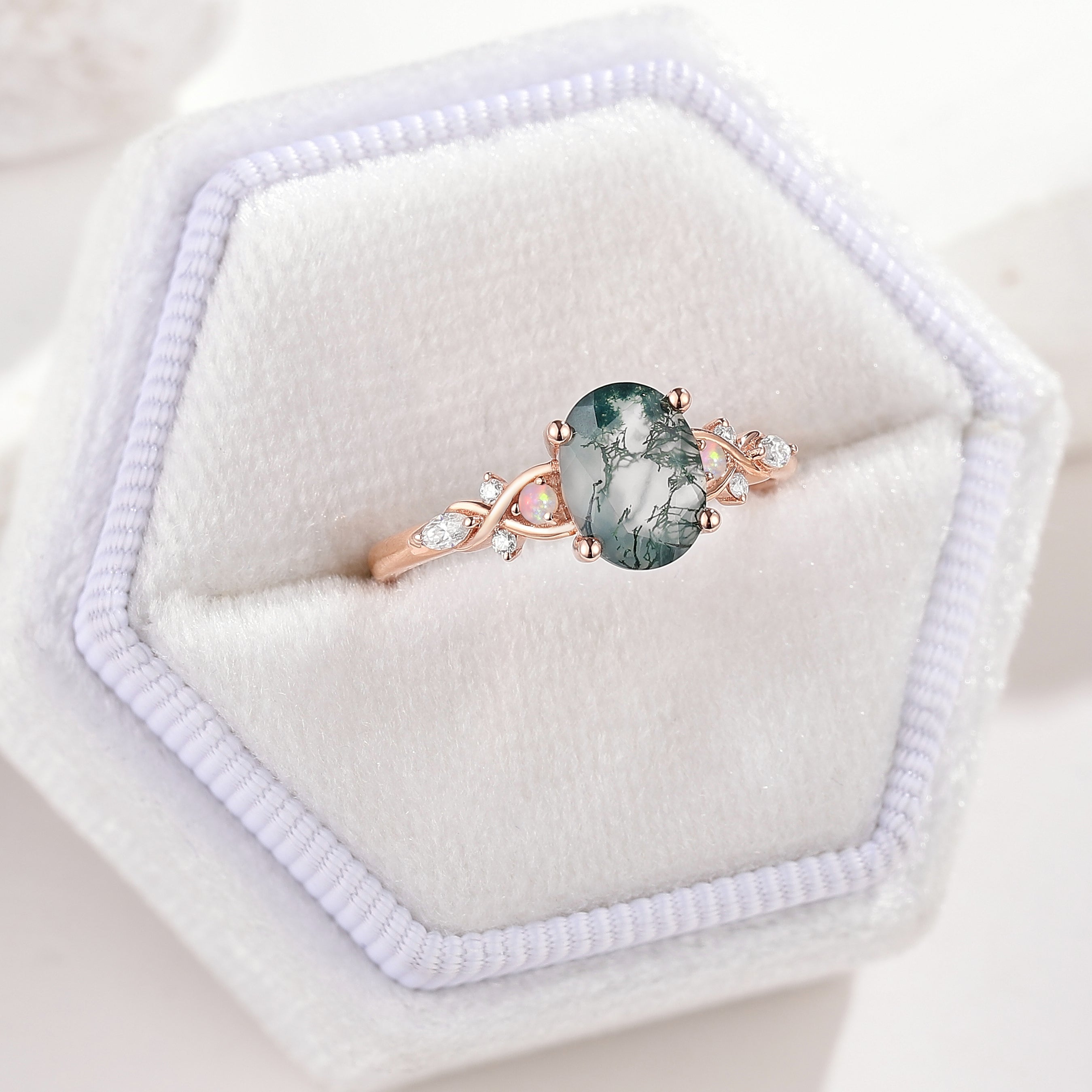 Nature Inspired Oval Cut Moss Agate Engagement Ring Opal & Moissanite Cluster In A White Ring Box